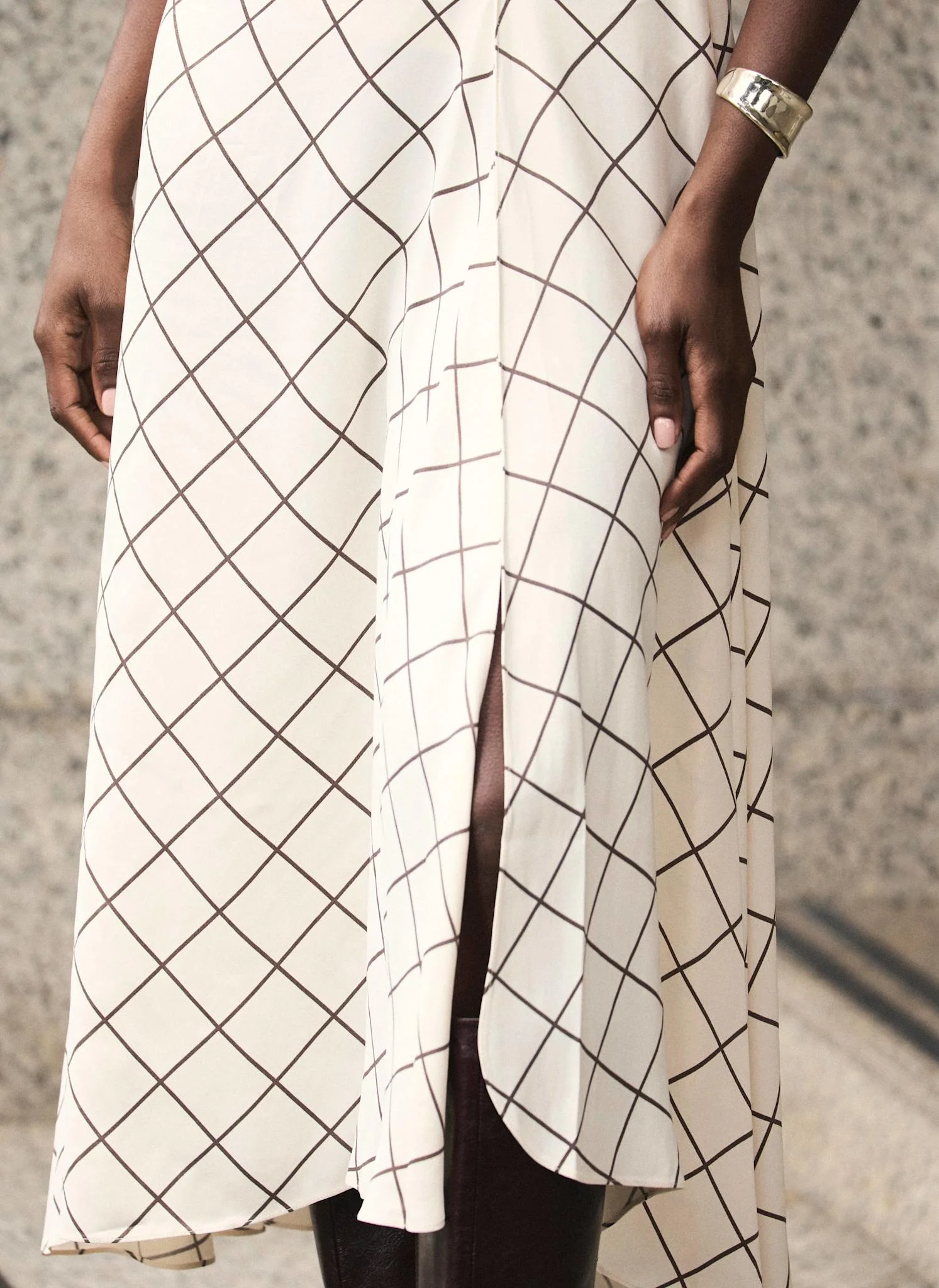 Cream Satin Checked Midi Dress - Image 4