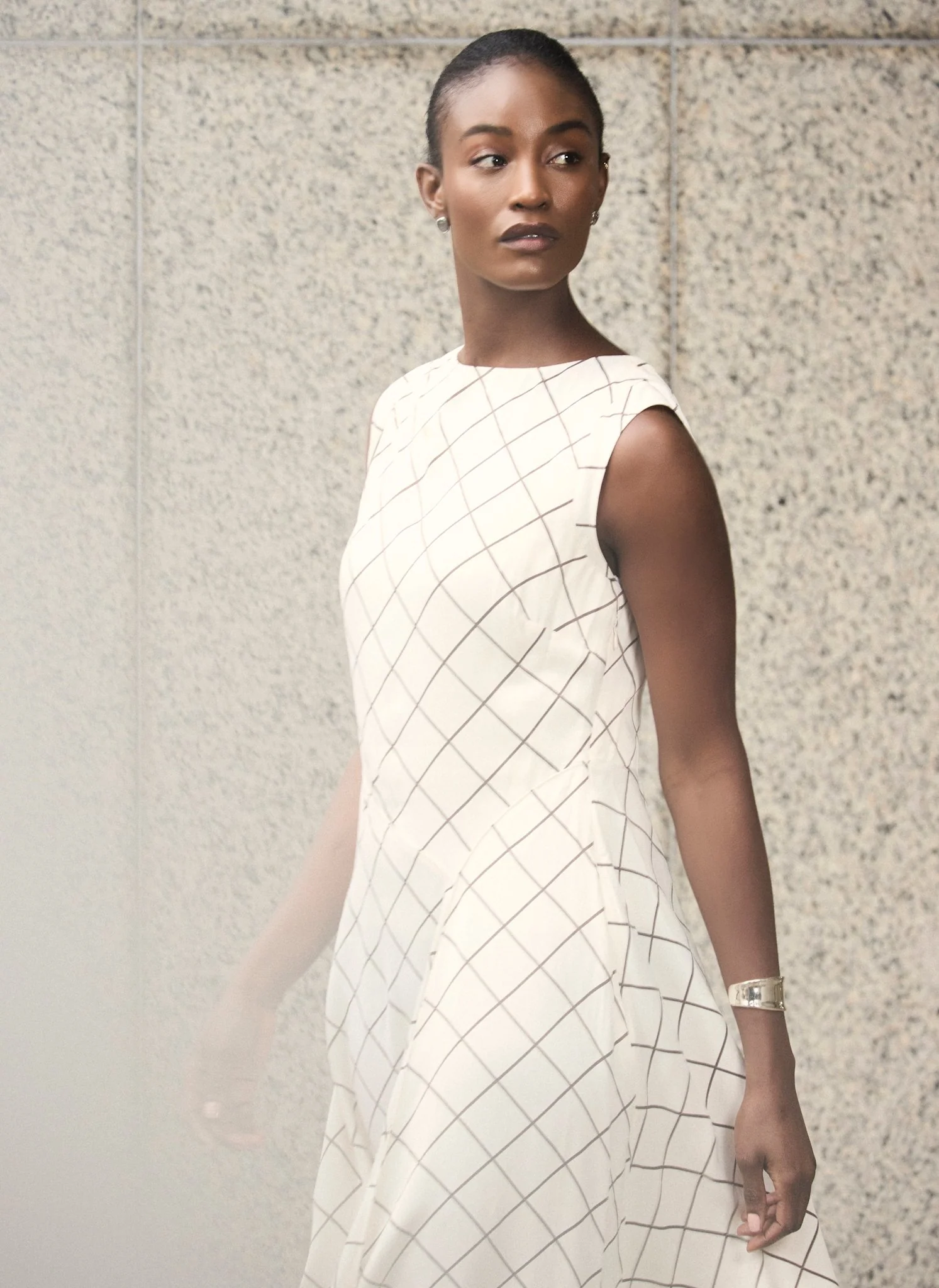 Cream Satin Checked Midi Dress - Image 5