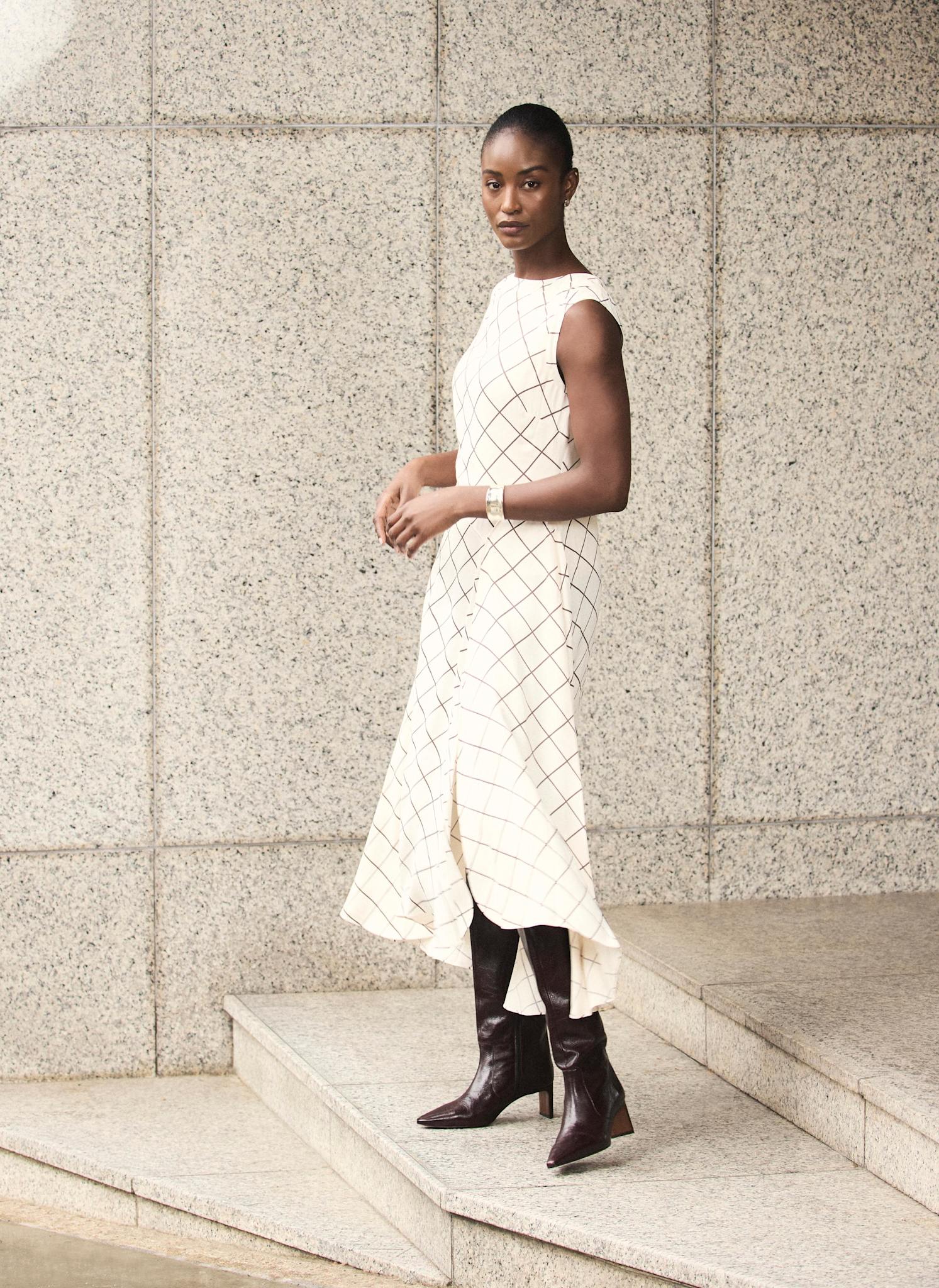 Cream Satin Checked Midi Dress - Image 6