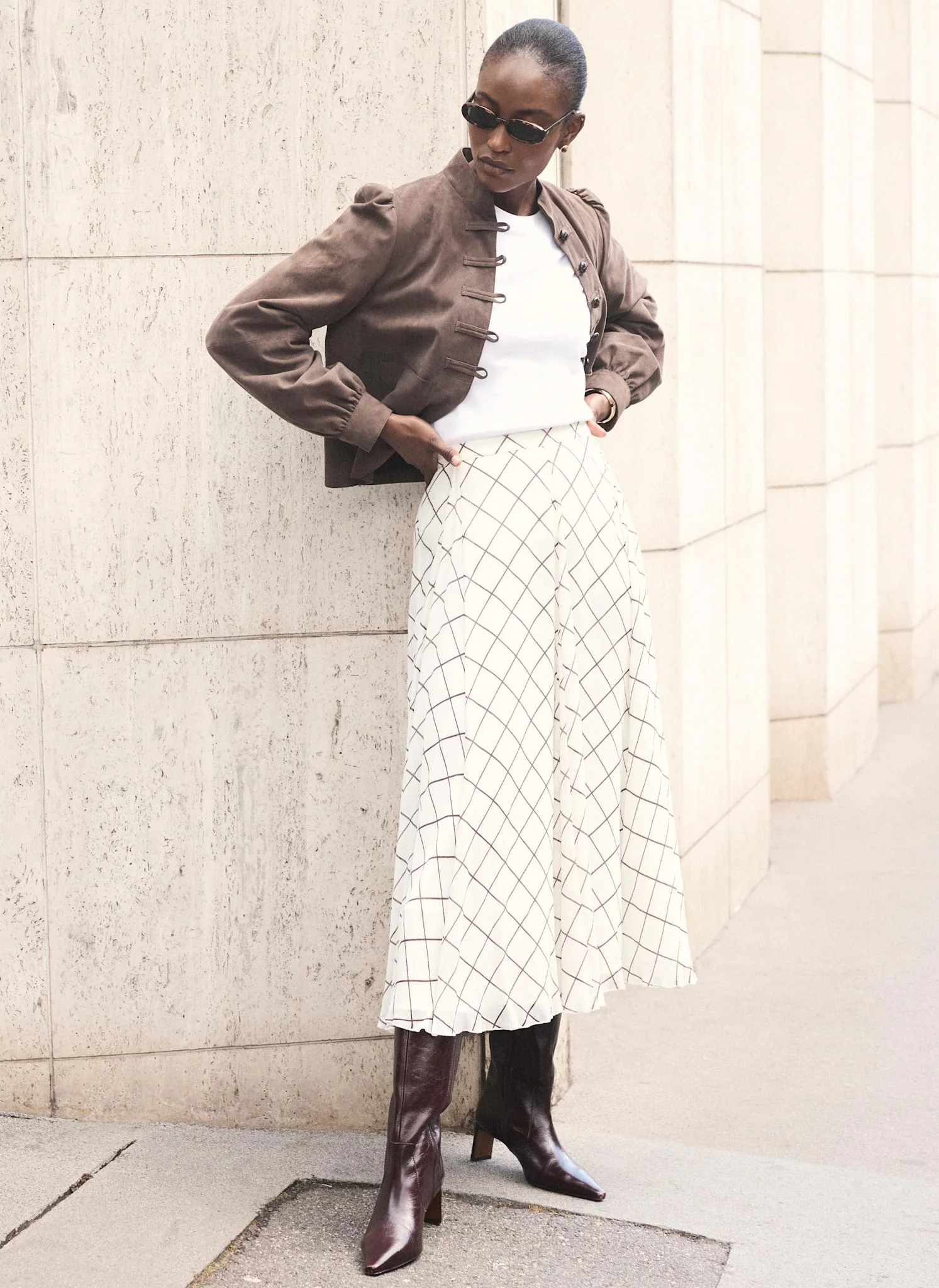 Neutral Checked Midi Skirt - Image 3