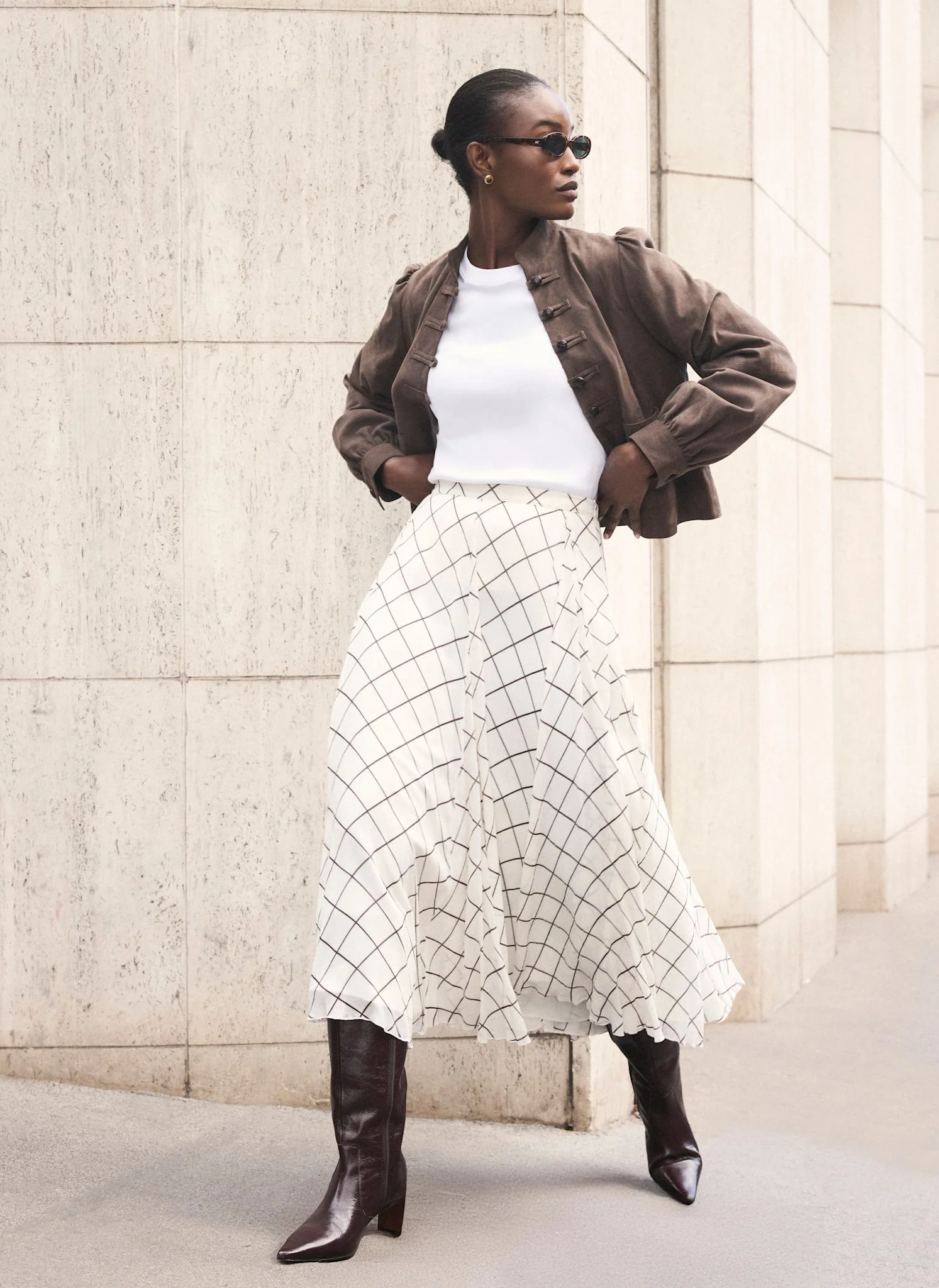 Neutral Checked Midi Skirt - Image 4