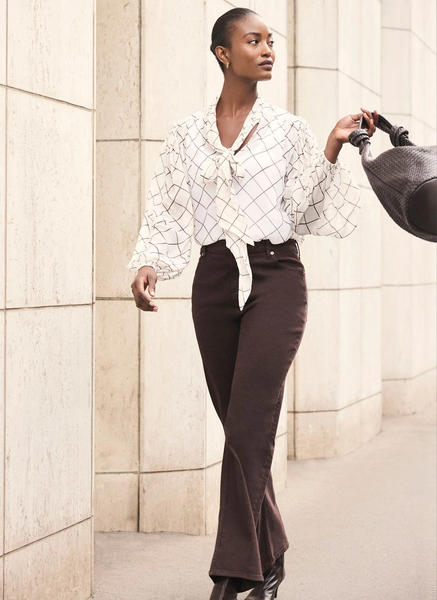 Cream Checked Pussy Bow Blouse - Image 5