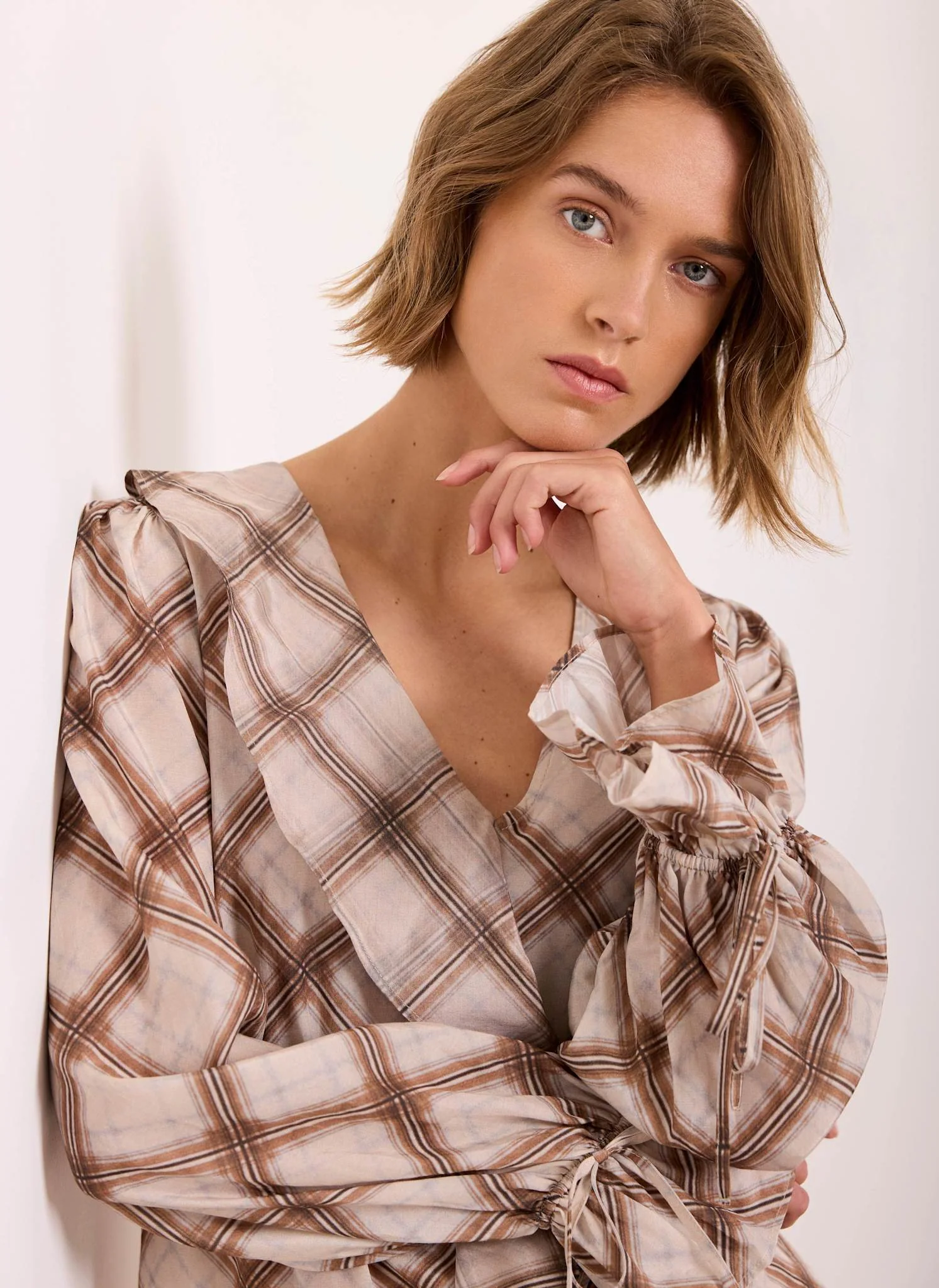 Neutral Checked Print Ruffle Blouse - Image 3