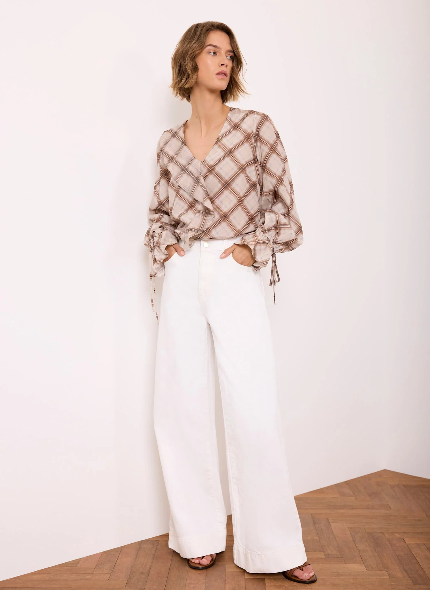 Neutral Checked Print Ruffle Blouse - Image 4