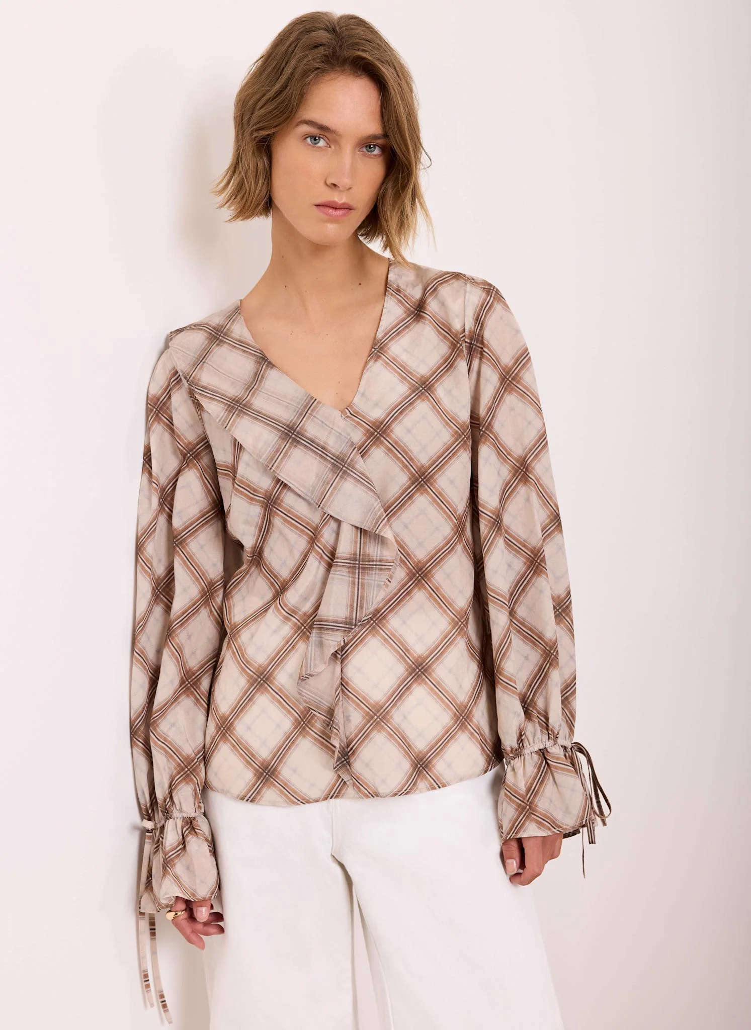 Neutral Checked Print Ruffle Blouse - Image 5