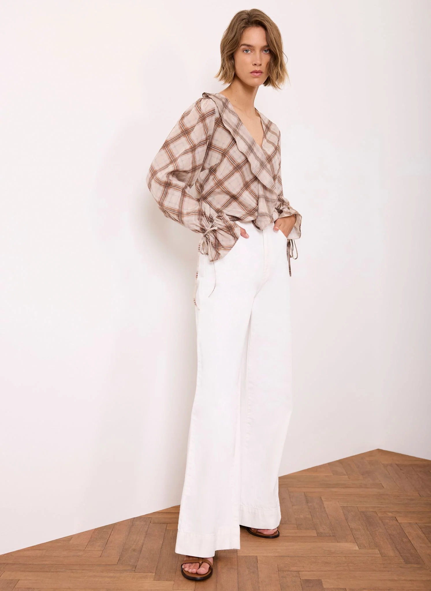 Neutral Checked Print Ruffle Blouse - Image 6