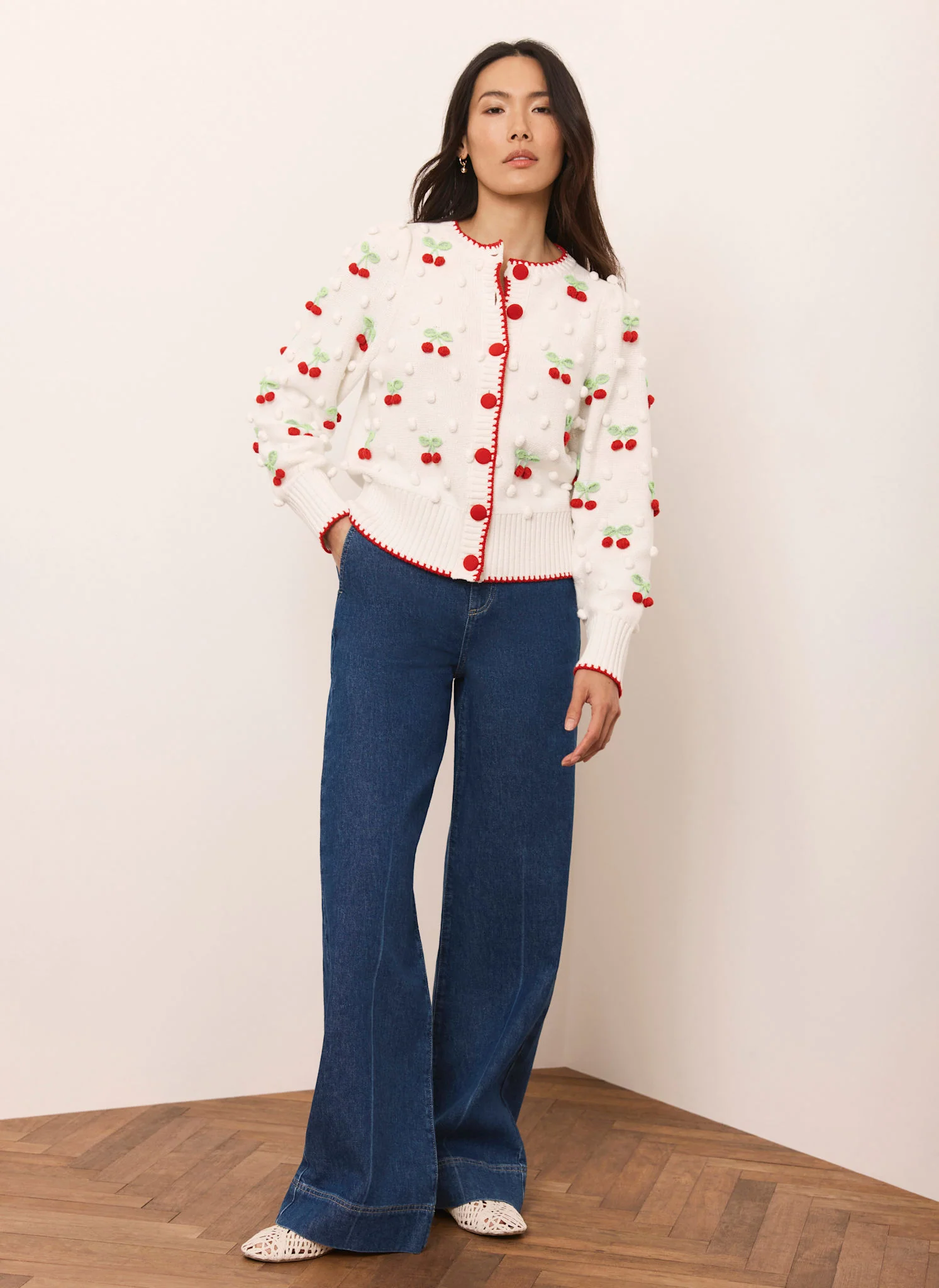 Cream Cherry Applique Knit Cardigan - Image 2