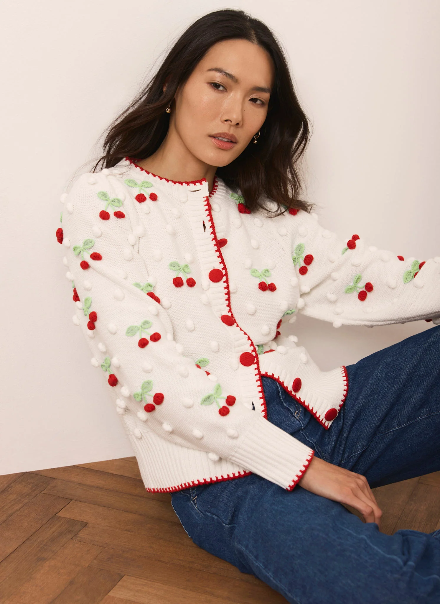 Cream Cherry Applique Knit Cardigan - Image 3