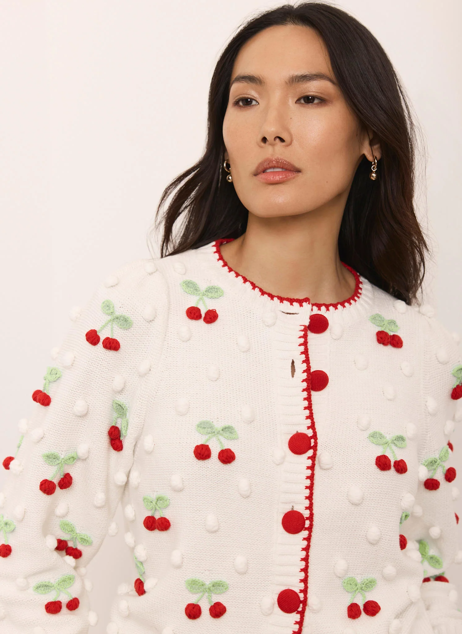 Cream Cherry Applique Knit Cardigan - Image 4