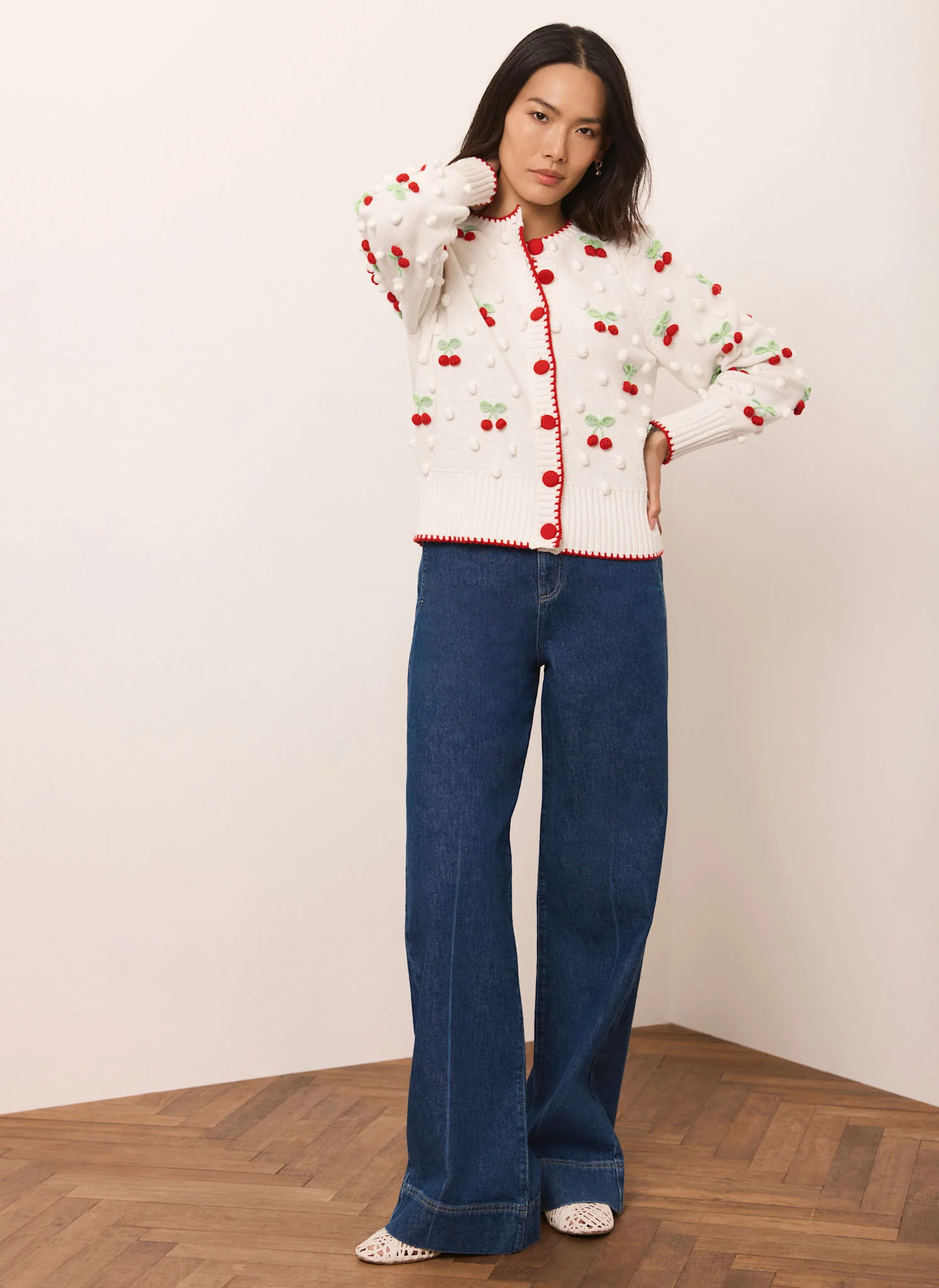 Cream Cherry Applique Knit Cardigan - Image 5