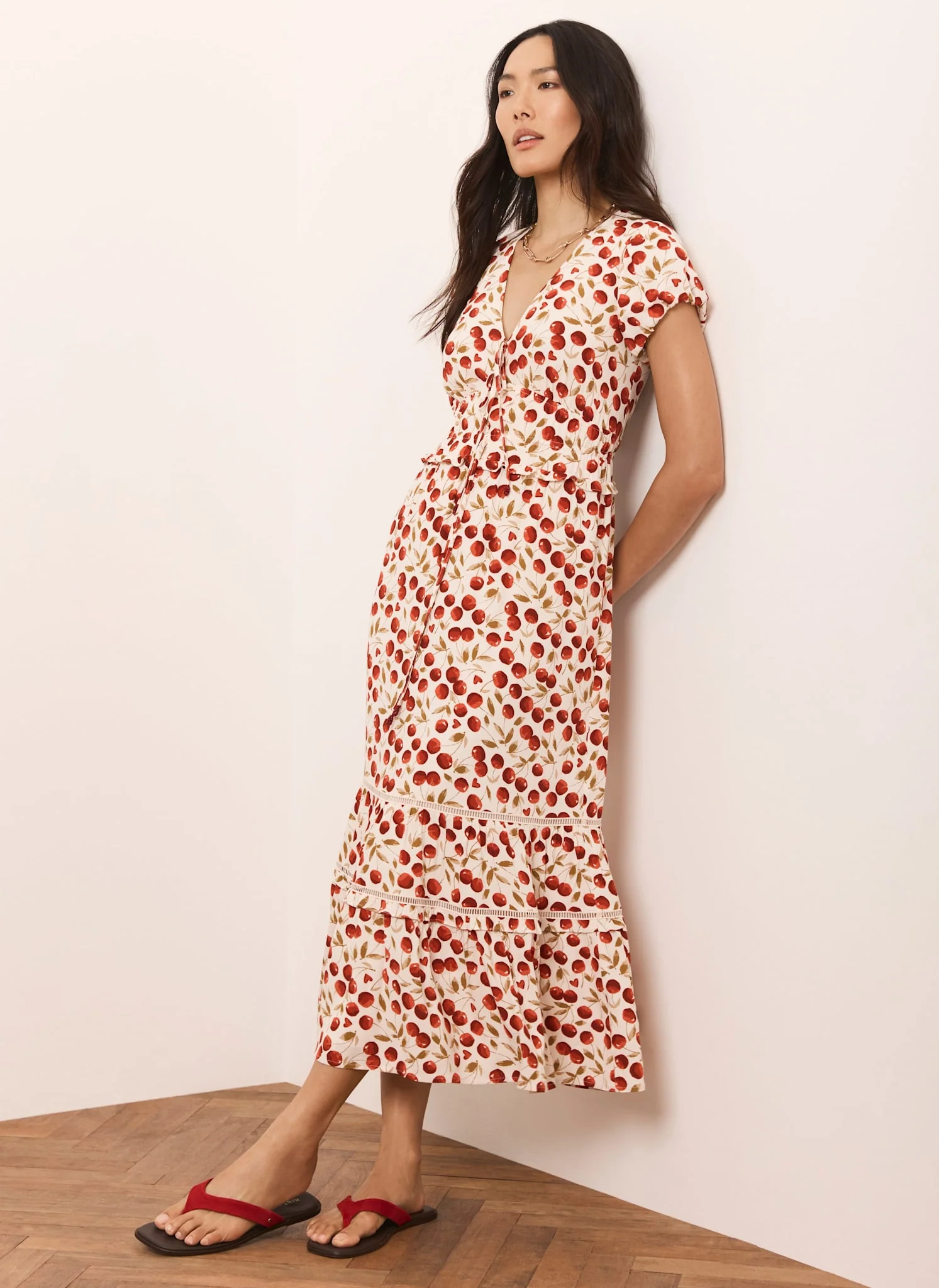 Red Cherry Print Midi Dress