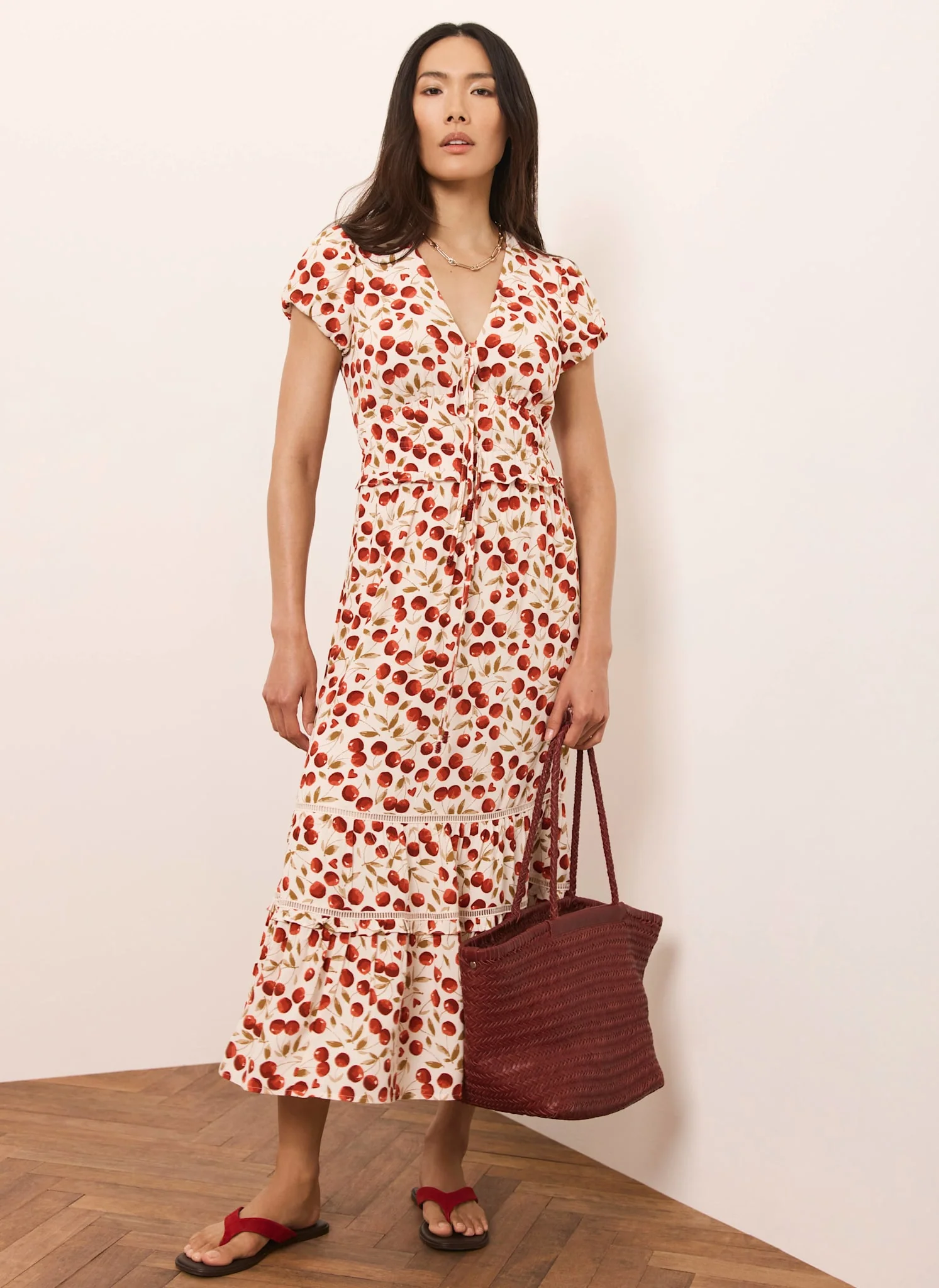 Red Cherry Print Midi Dress - Image 2