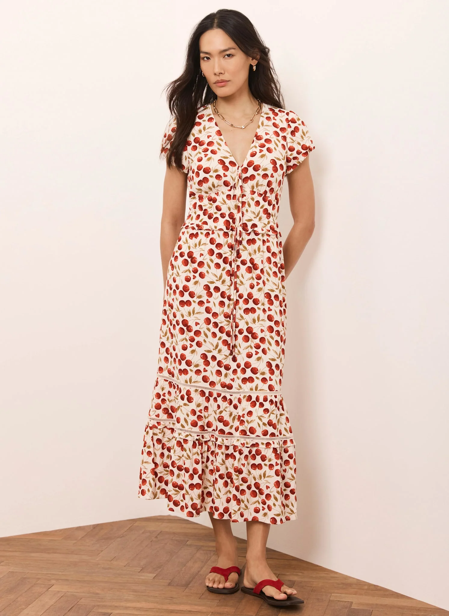Red Cherry Print Midi Dress - Image 4