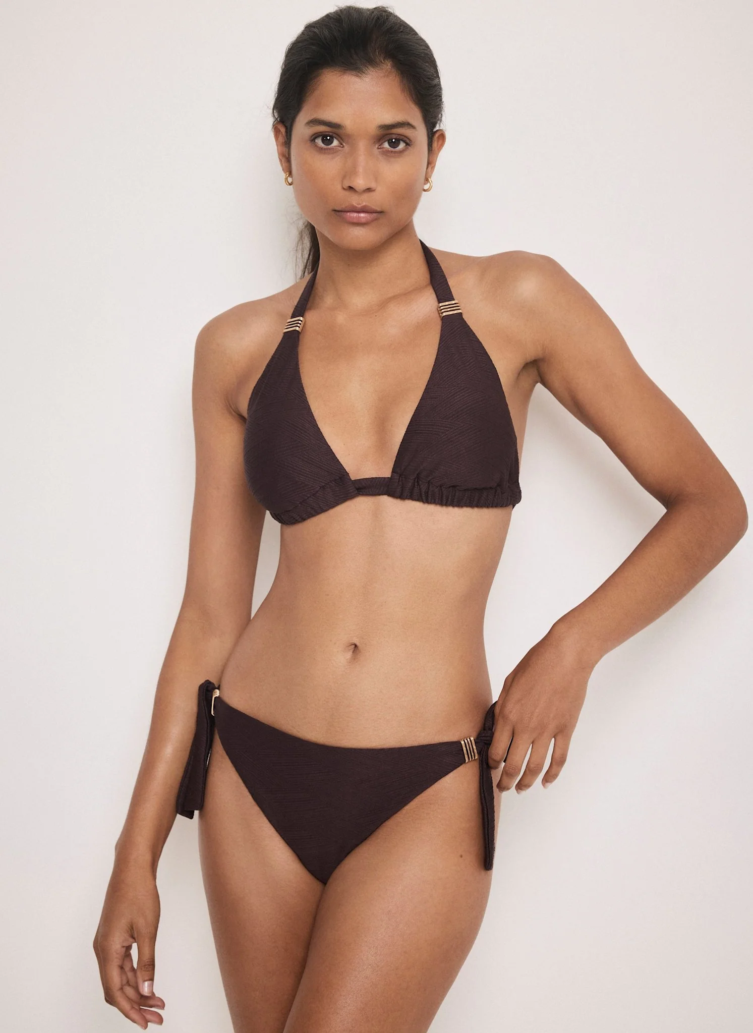 Brown Textured Tie Side Bikini Bottoms - Image 3