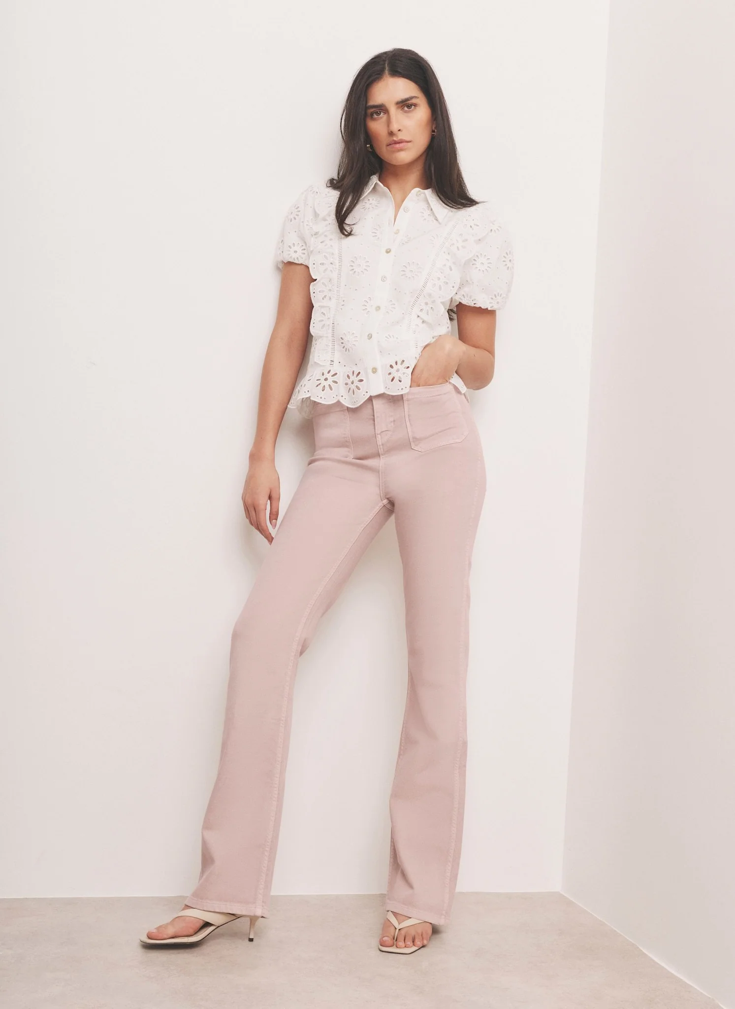Pink Relaxed Flare Patch Pocket Jeans