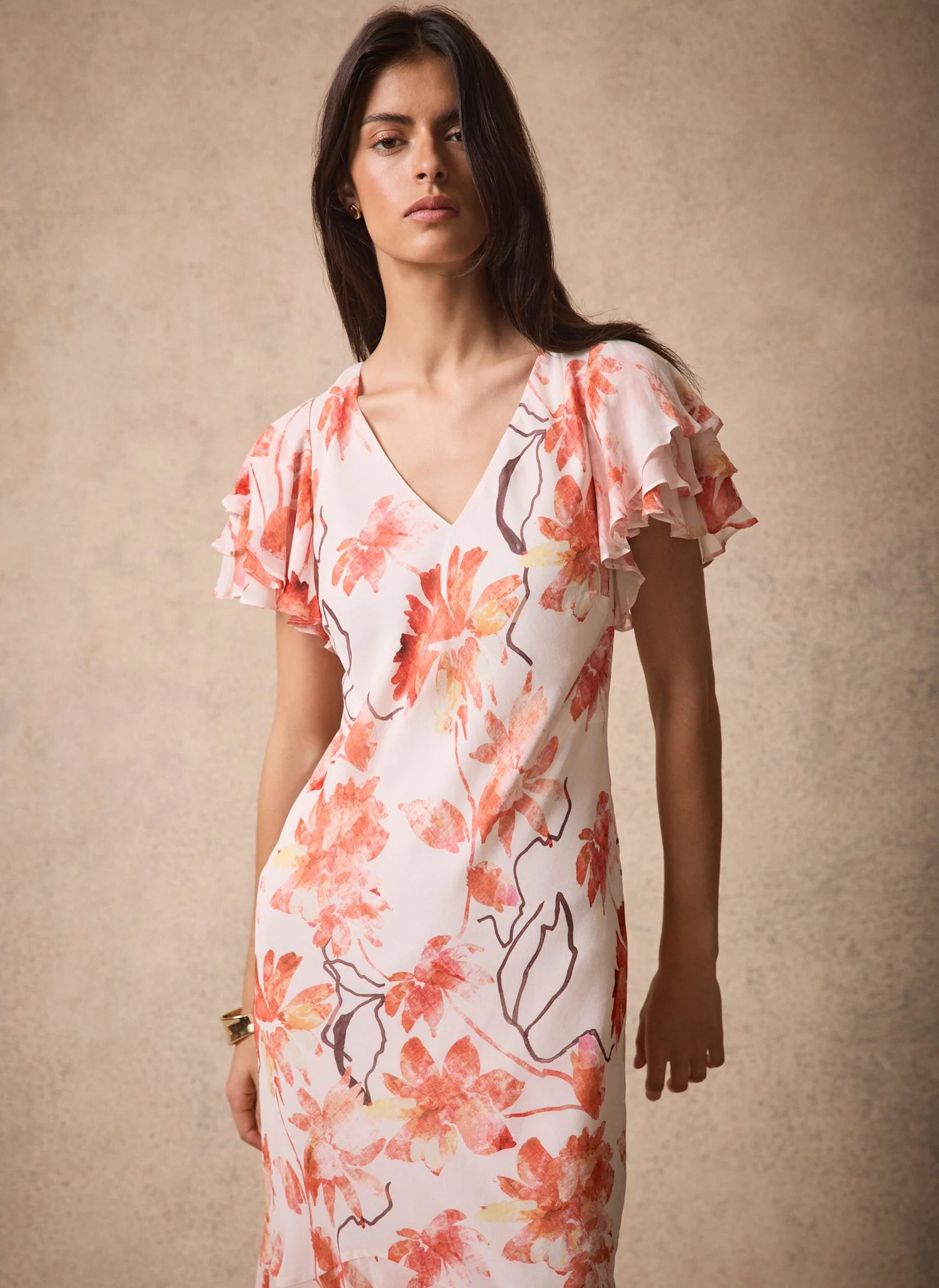 Neutral Floral Print Midi Dress - Image 3
