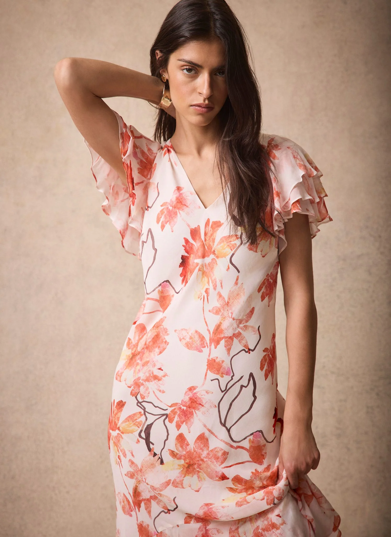 Neutral Floral Print Midi Dress - Image 6