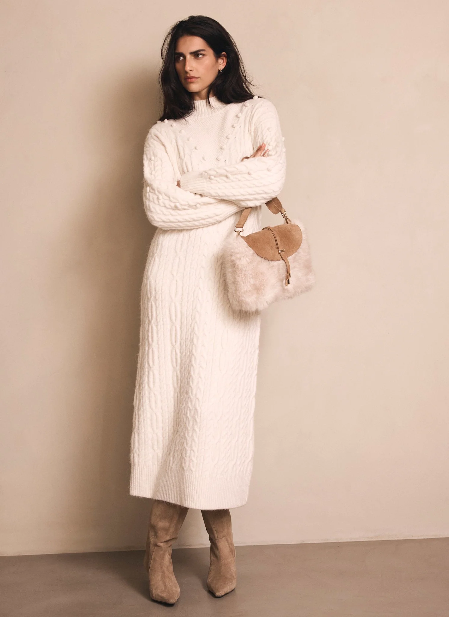 Cream Bobble Detail Knitted Midi Dress - Image 3