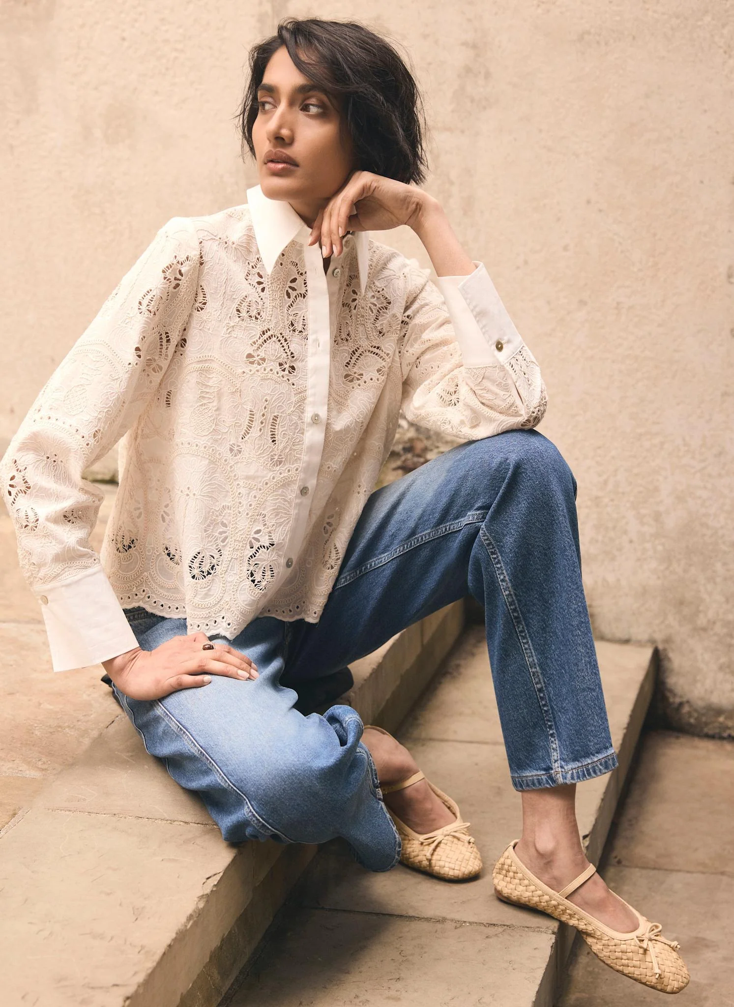 White Broderie Cropped Shirt - Image 2