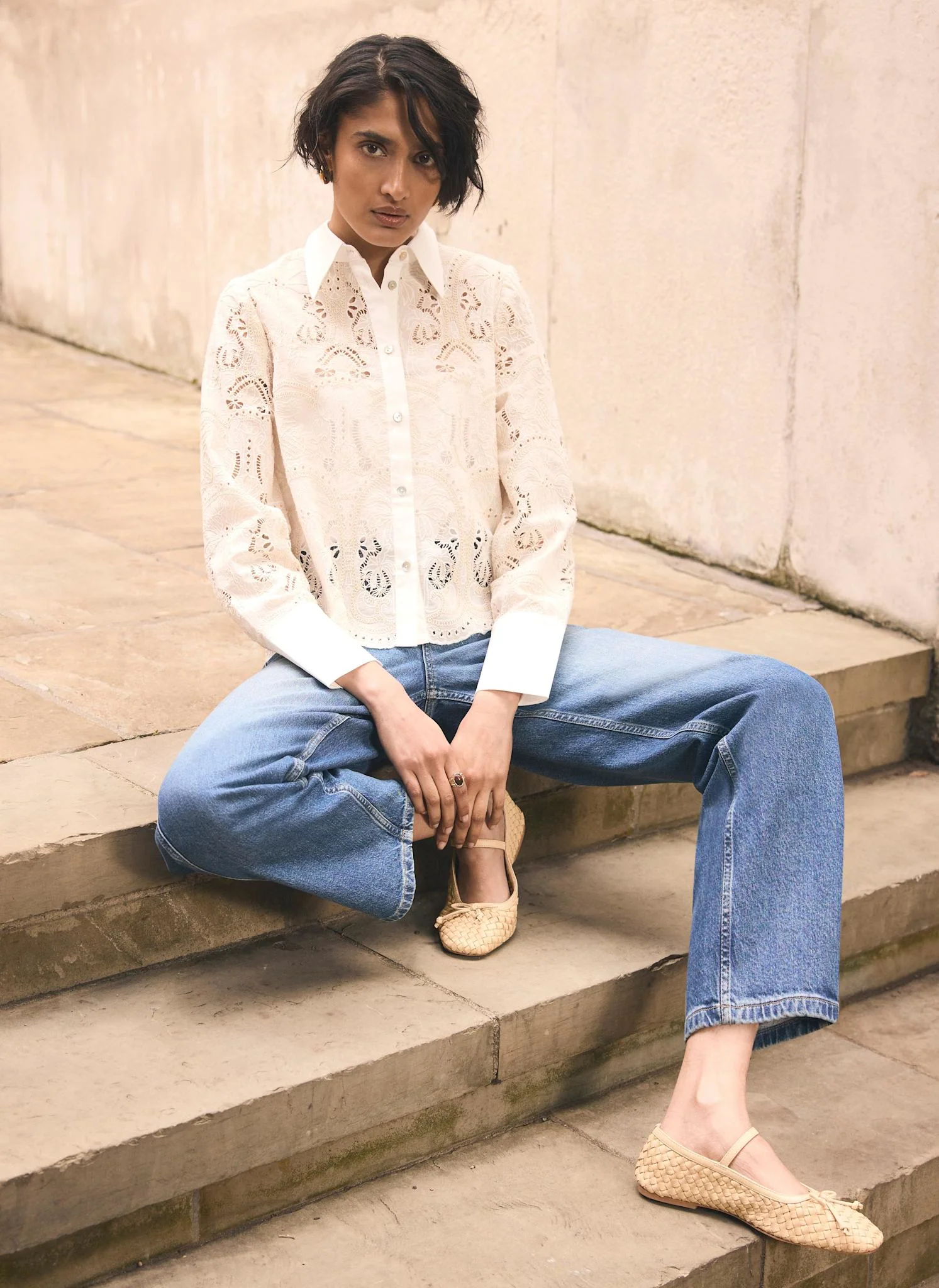 White Broderie Cropped Shirt - Image 3