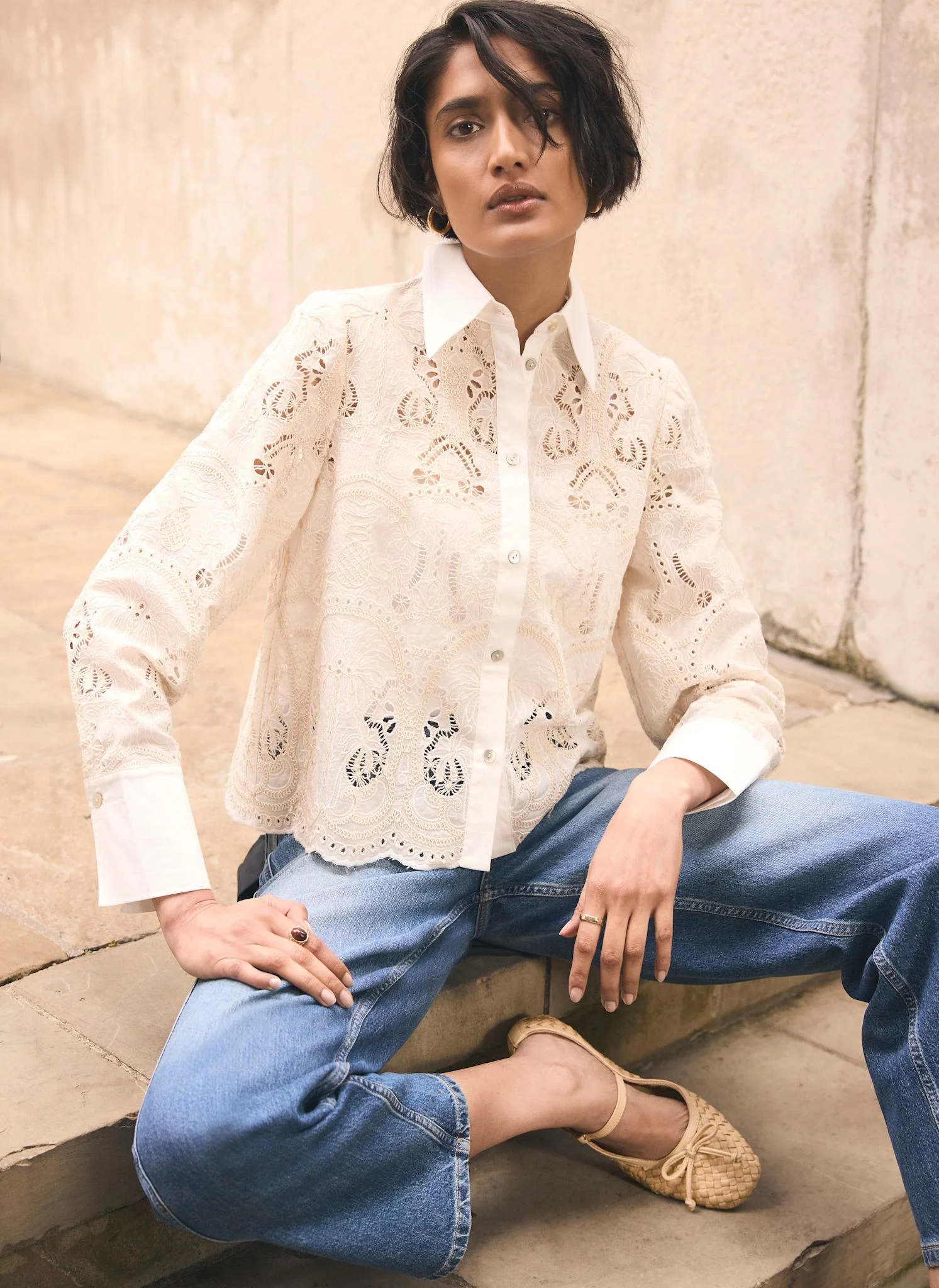 White Broderie Cropped Shirt - Image 6