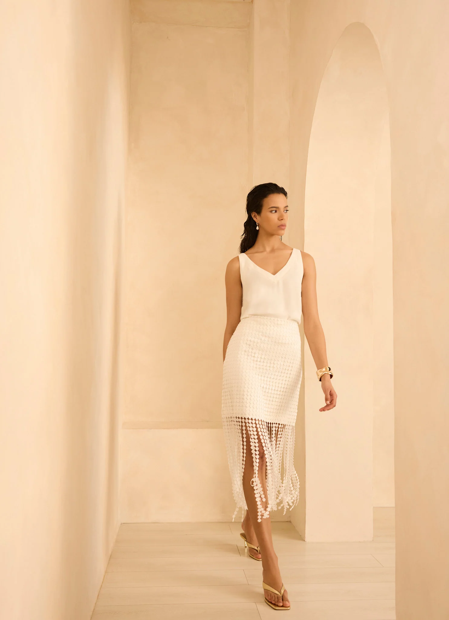 White Disc Detail Fringed Midi Skirt - Image 2