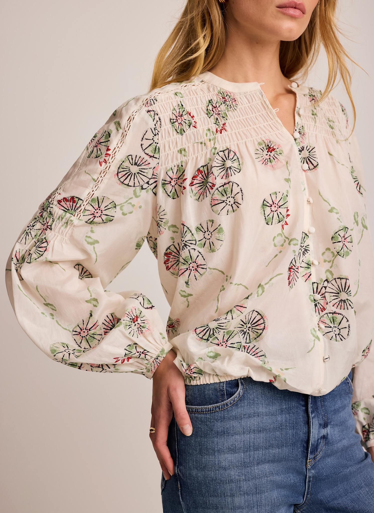 Cream Shirred Printed Blouse - Image 3