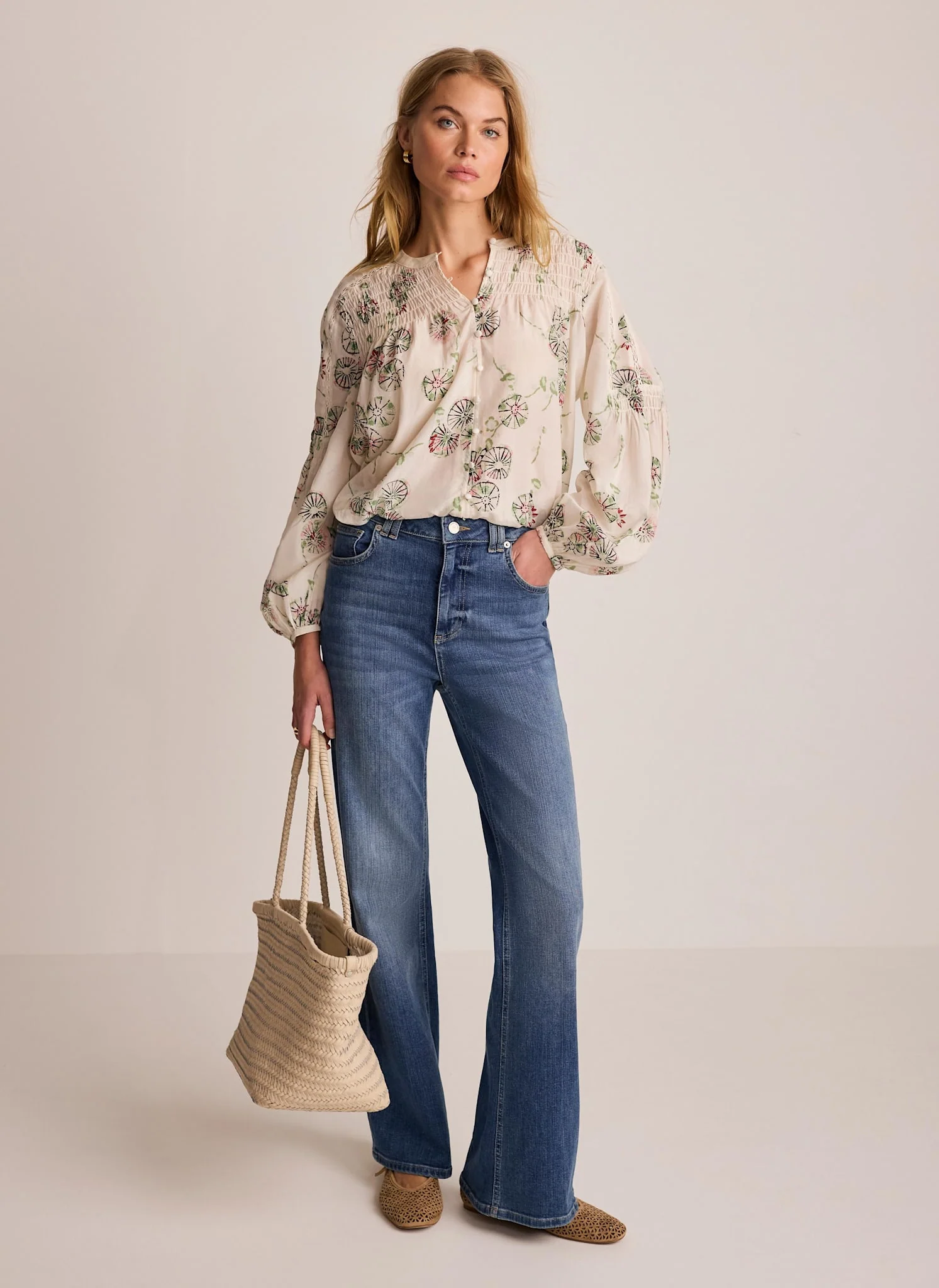 Cream Shirred Printed Blouse - Image 4