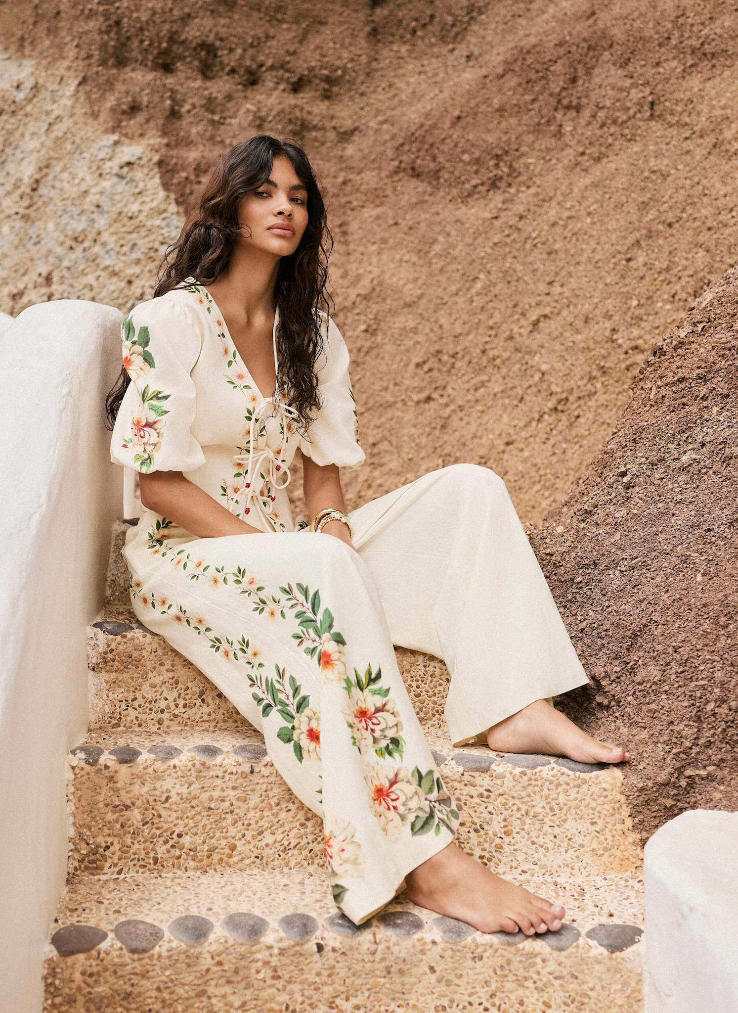 Cream Linen Blend Floral Print Wide Trousers