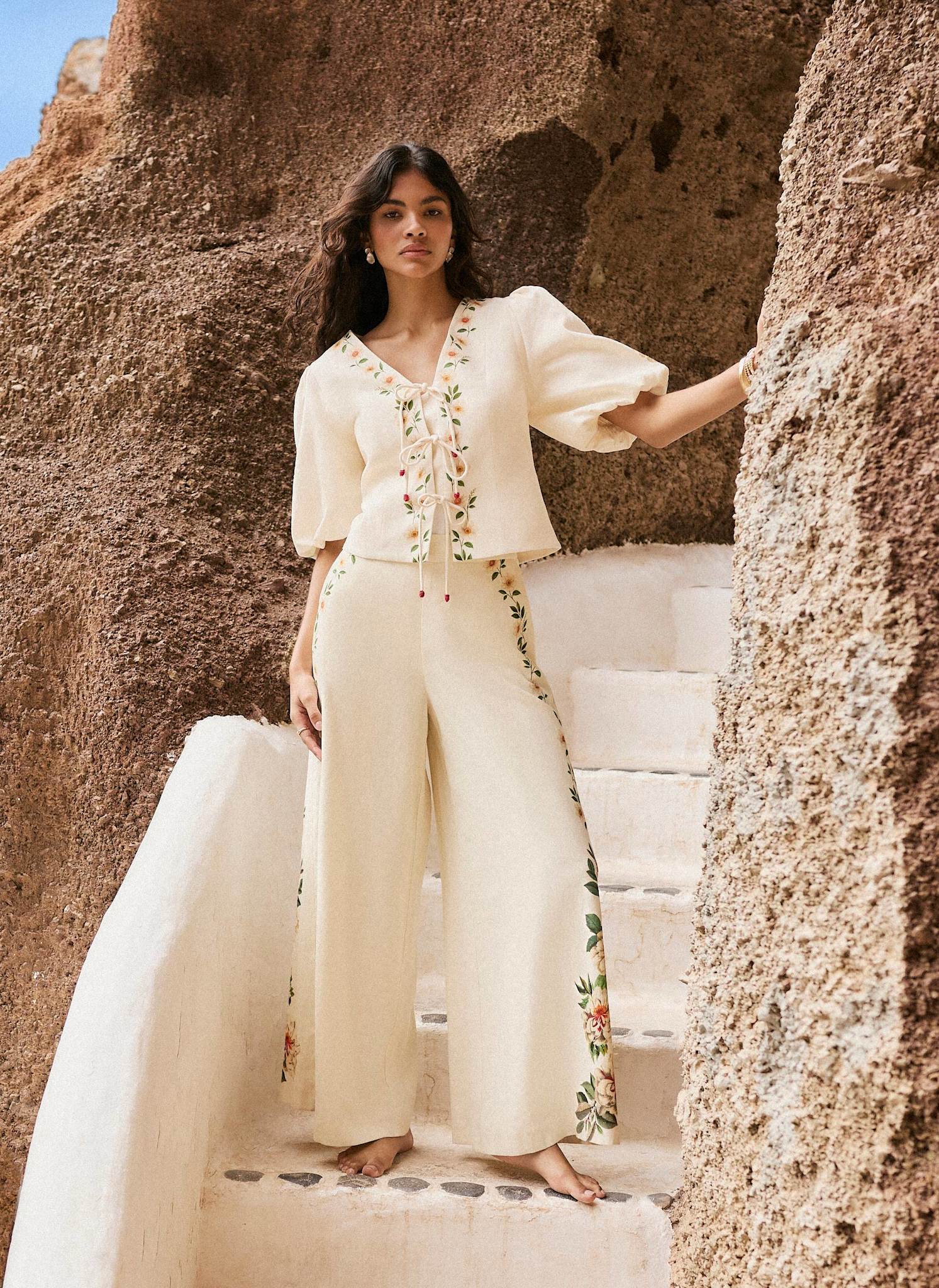 Cream Linen Blend Floral Print Wide Trousers - Image 3