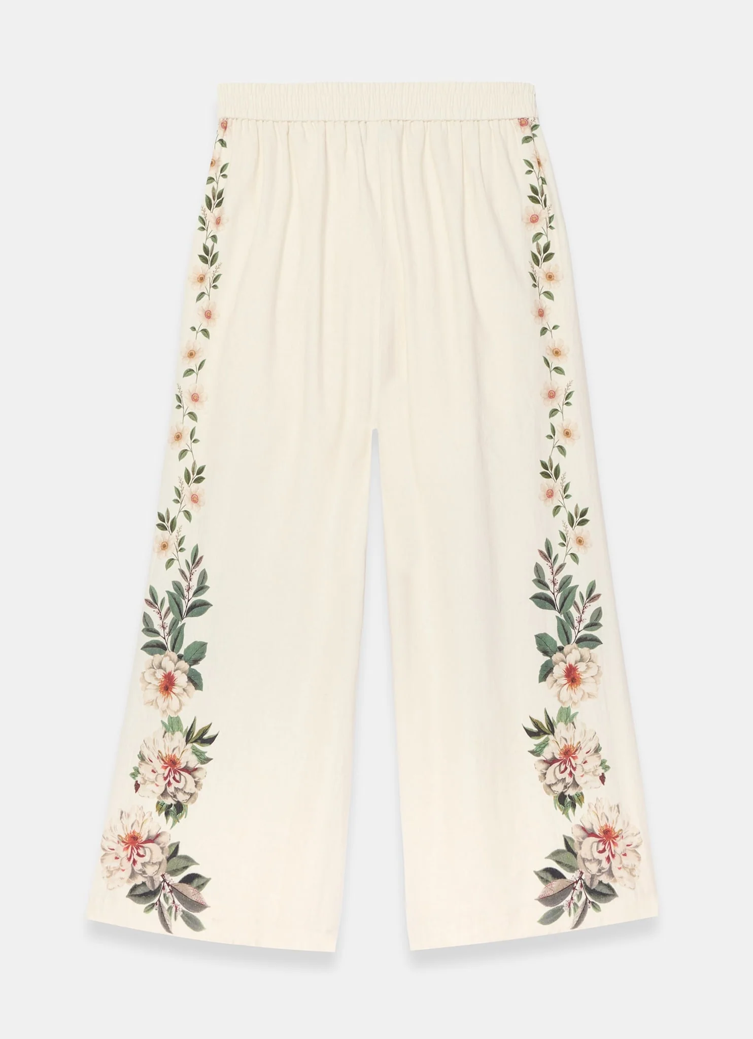 Cream Linen Blend Floral Print Wide Trousers - Image 8