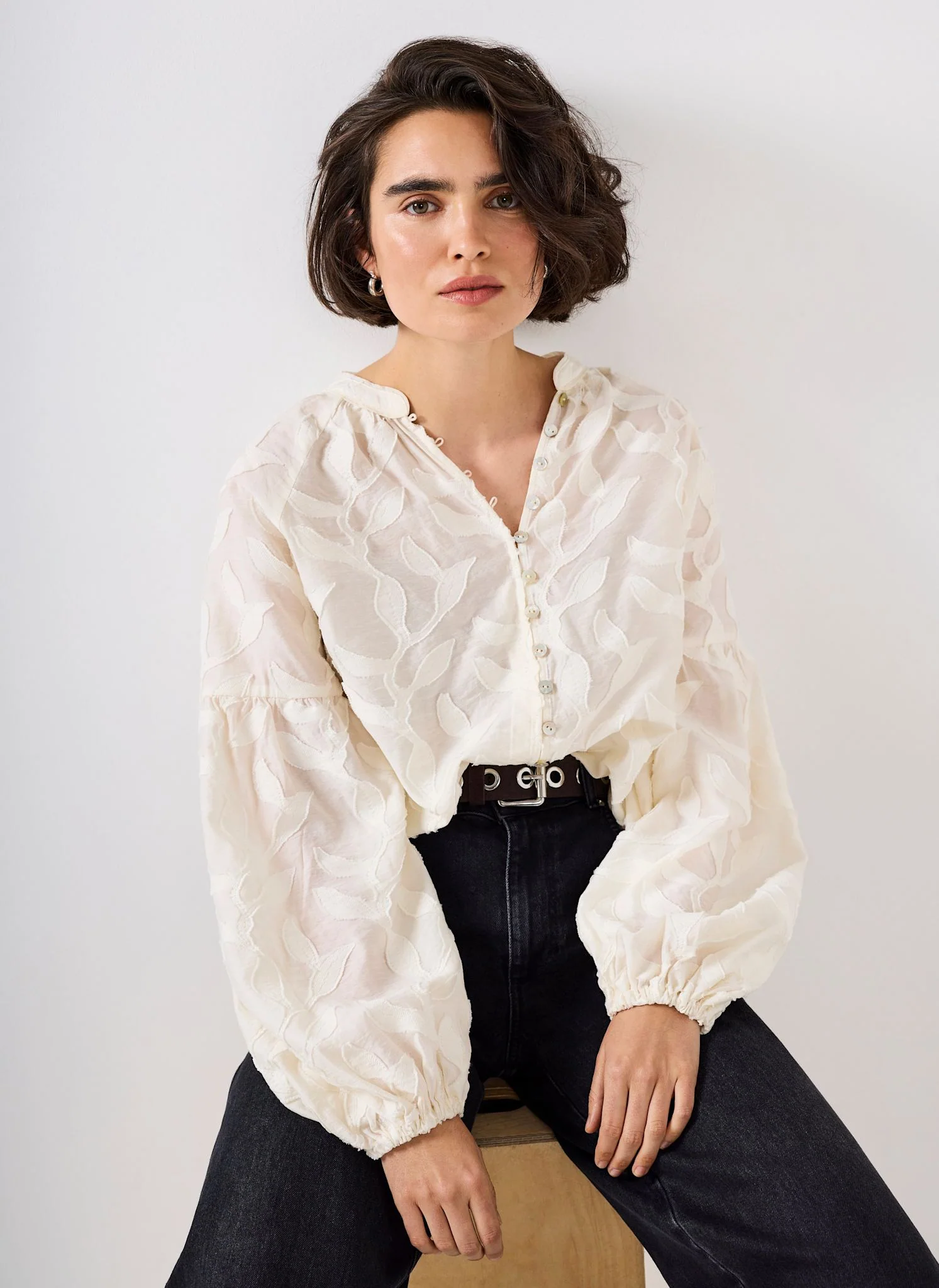 Cream Floral Jacquard Blouse - Image 3