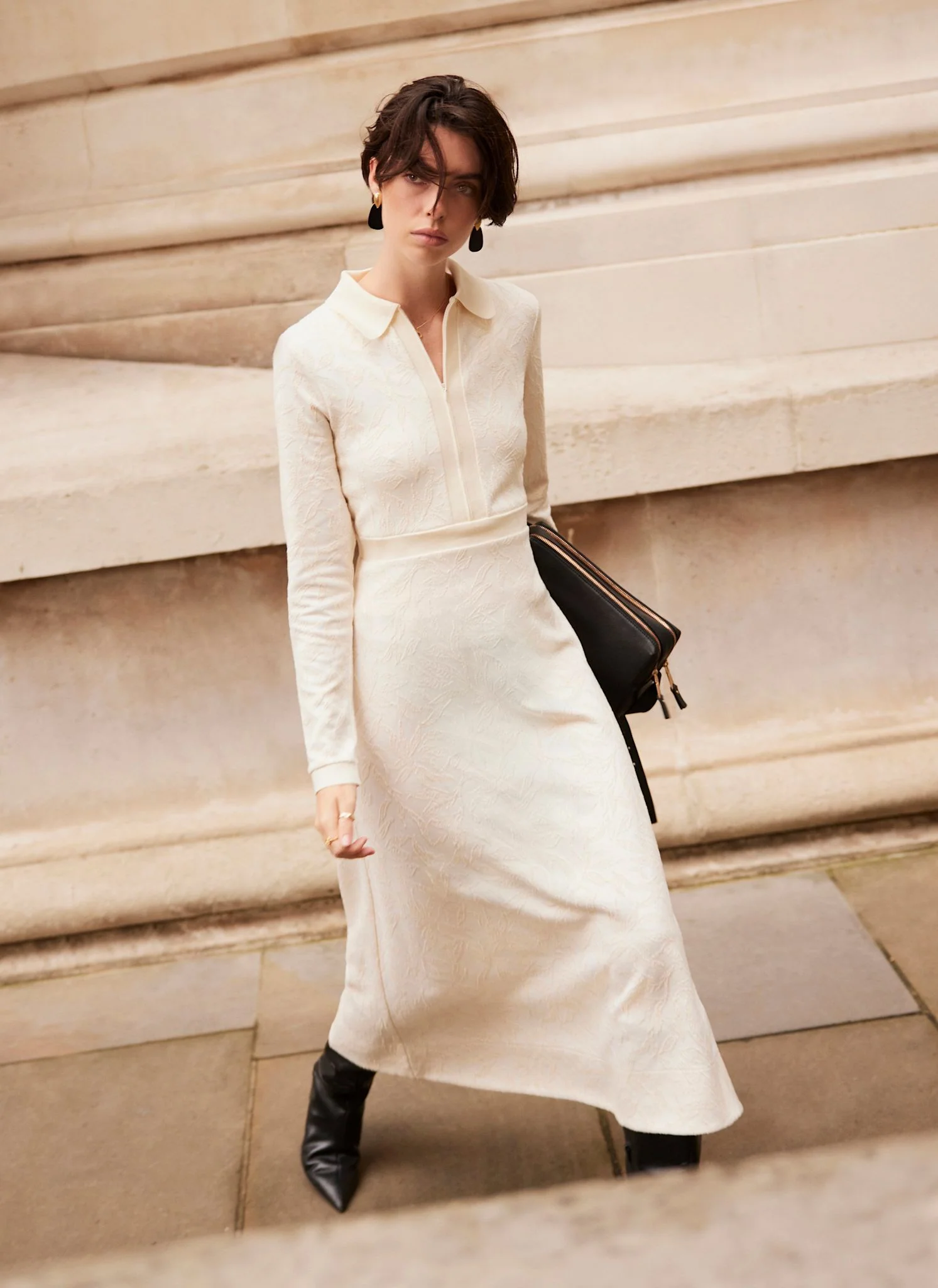 Cream Jacquard Print Midi Dress - Image 3