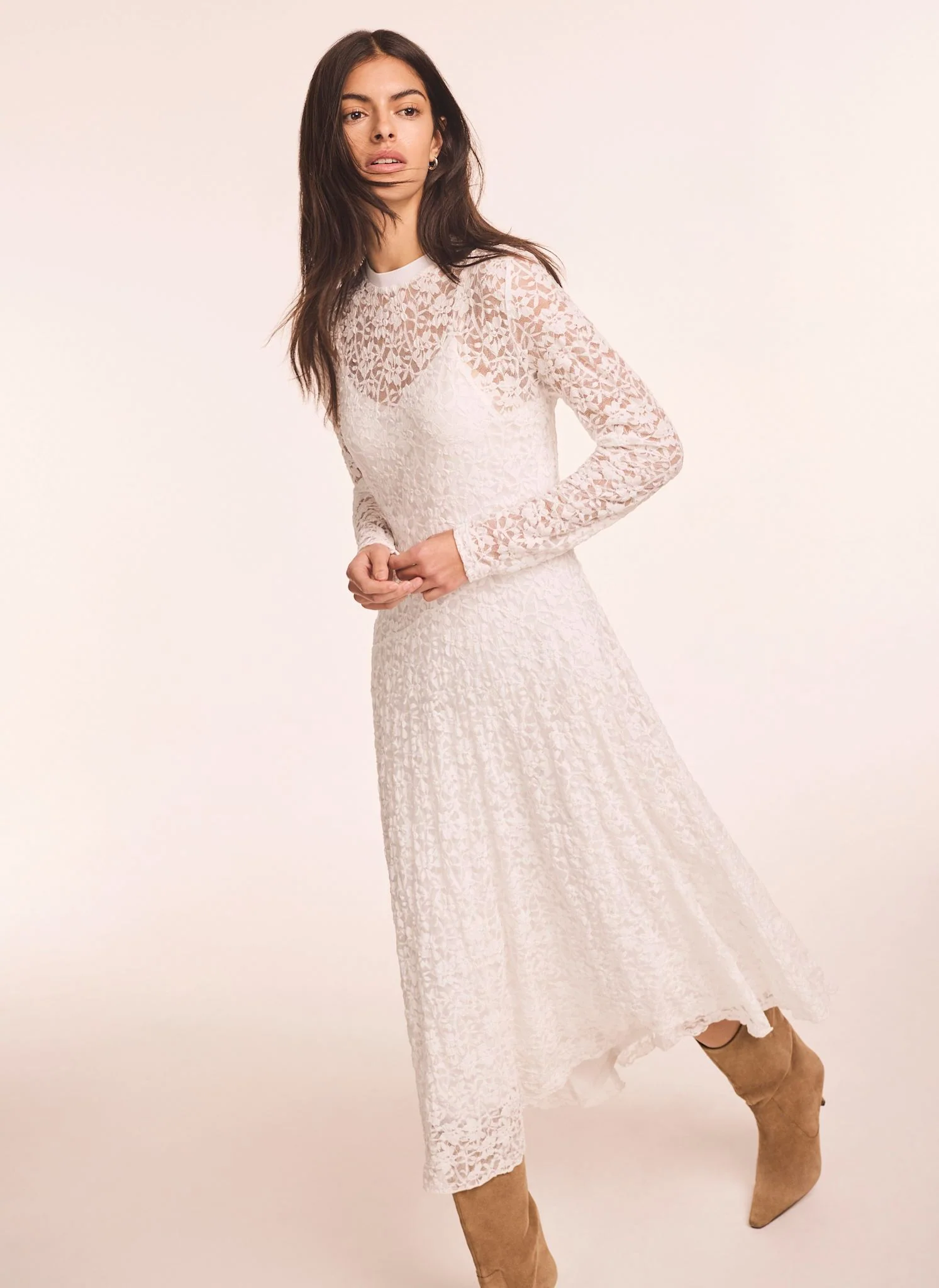 Cream Lace Full Asymmetric Midi Dress - Image 3