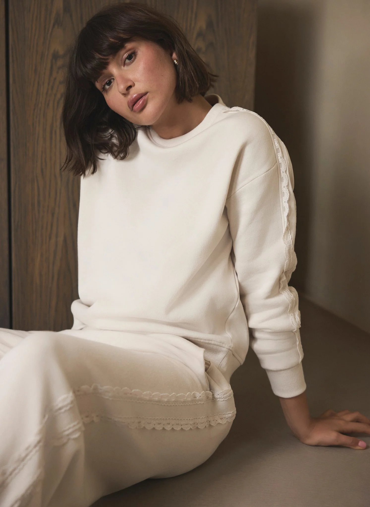 Cream Cotton Blend Lace Trim Sweatshirt - Image 6
