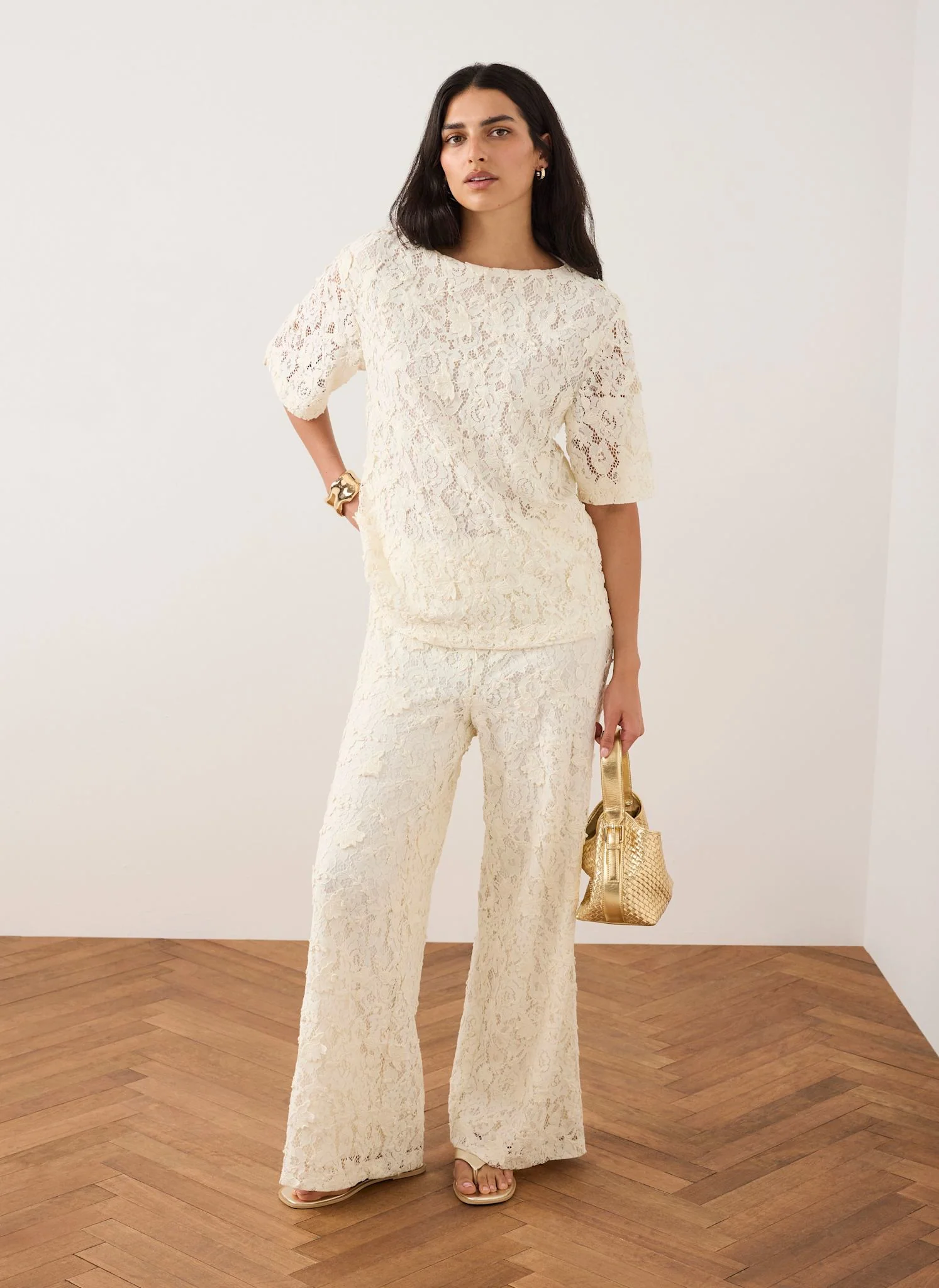 Cream Lace Wide Leg Trousers - Image 2