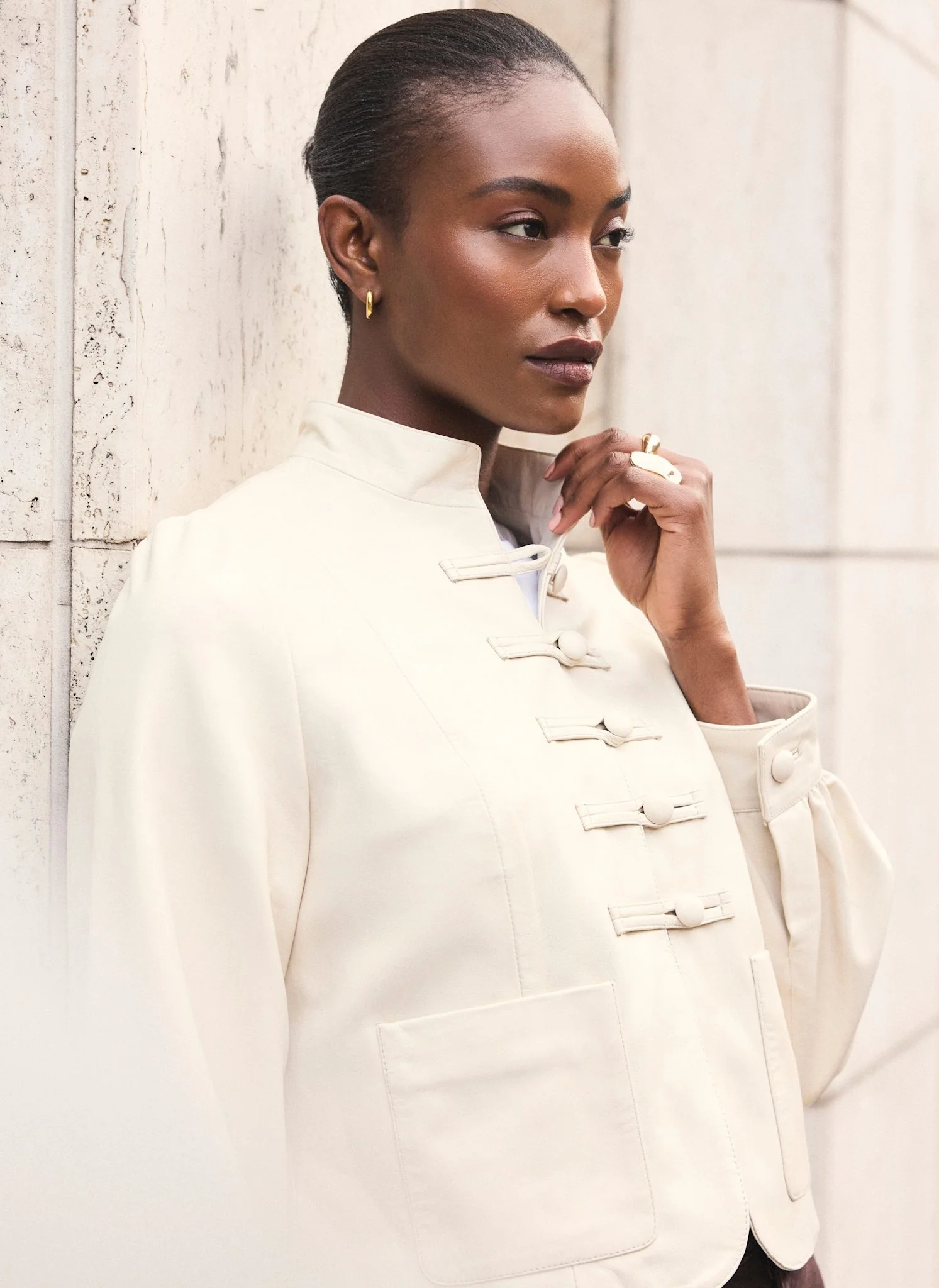 Cream Leather Stand Collar Jacket - Image 4