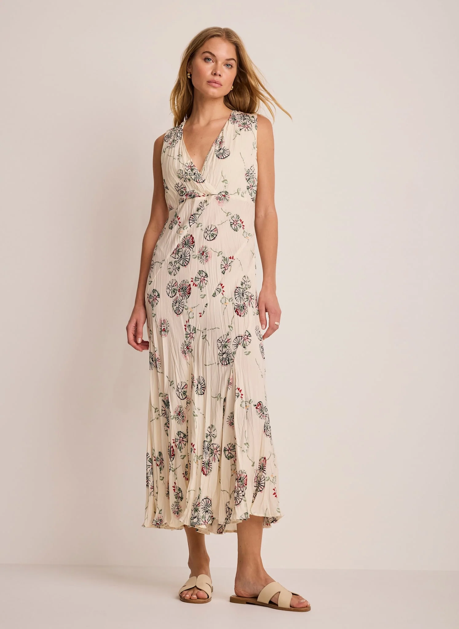 Cream Printed Crinkle Midi Dress - Image 3