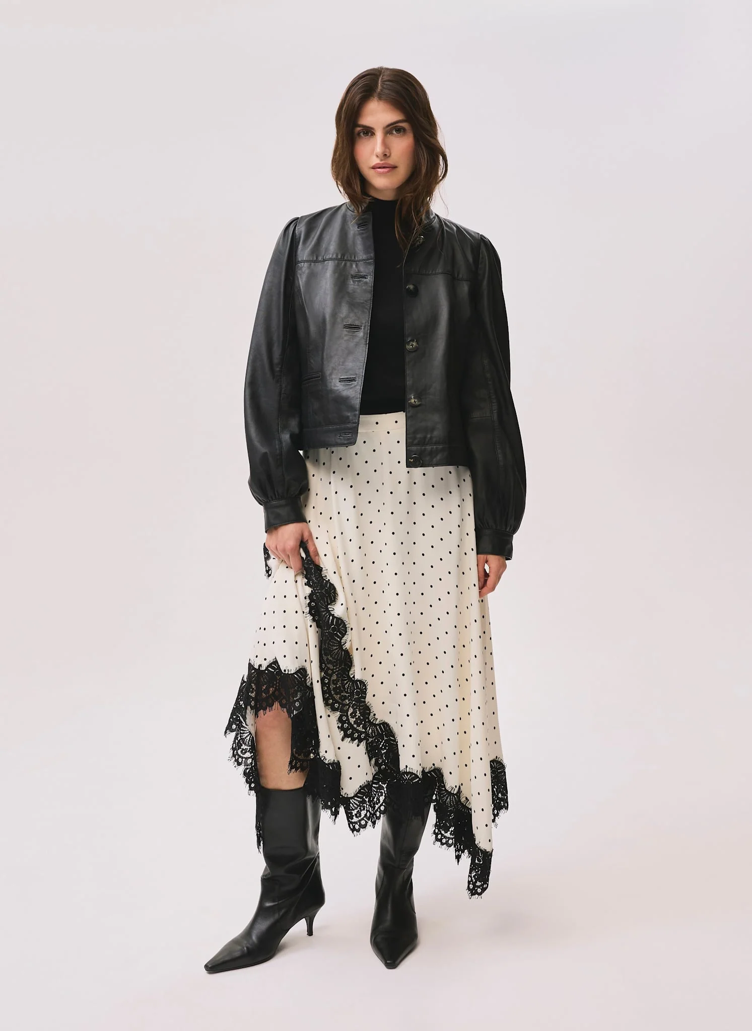 Cream Polka Dot Lace Trim Maxi Skirt - Image 3