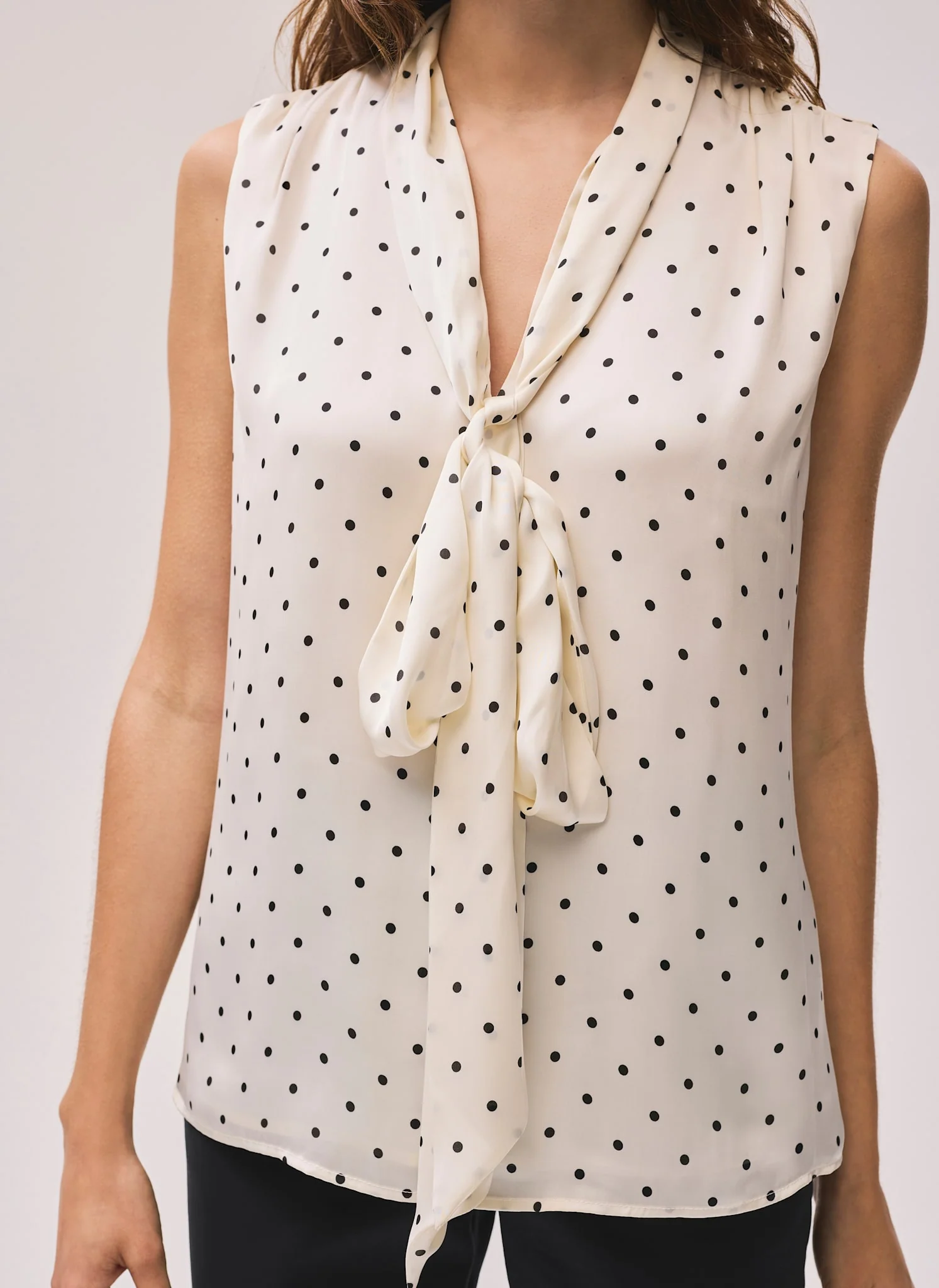 Cream Polka Dot Tie Neck Top - Image 3