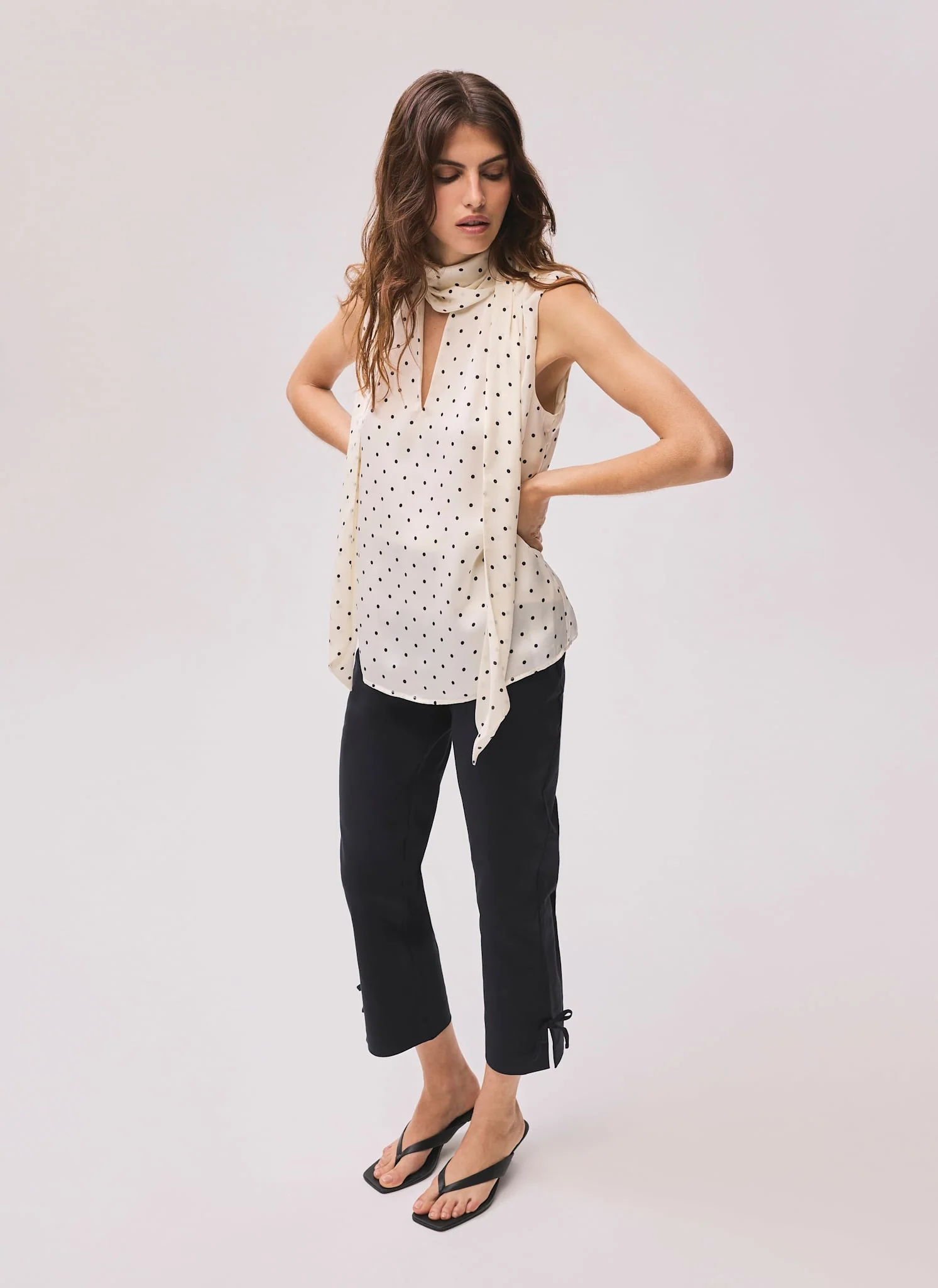 Cream Polka Dot Tie Neck Top - Image 5