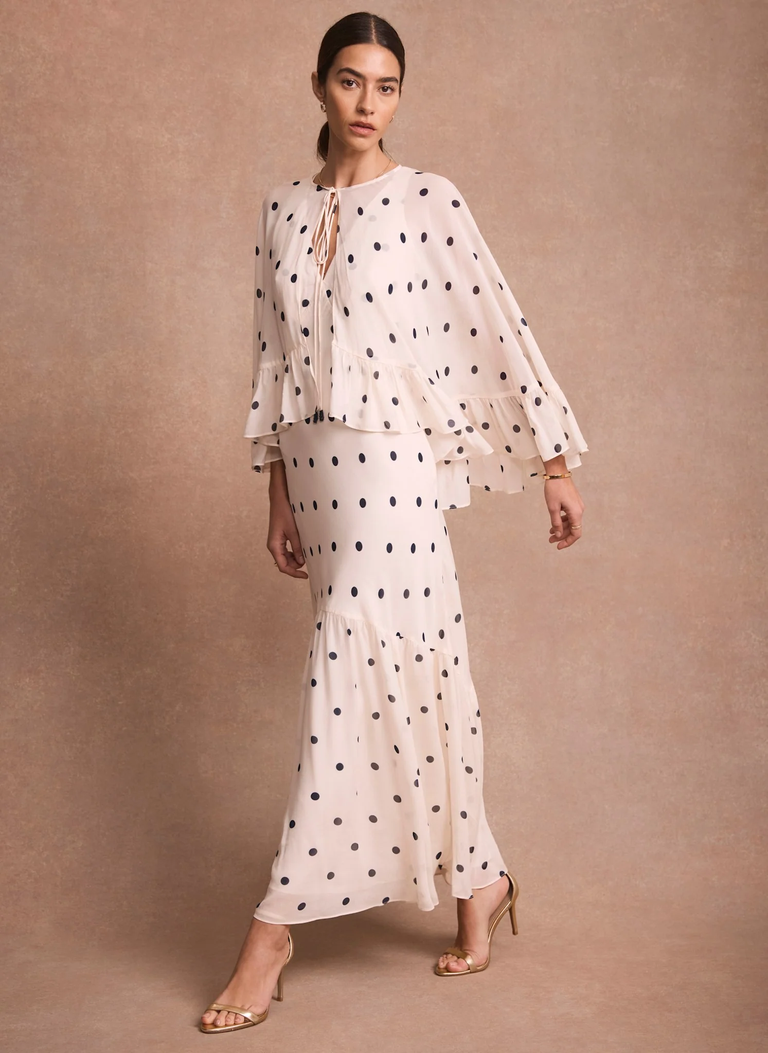 Cream Polka Dot Print Cape Maxi Dress - Image 3