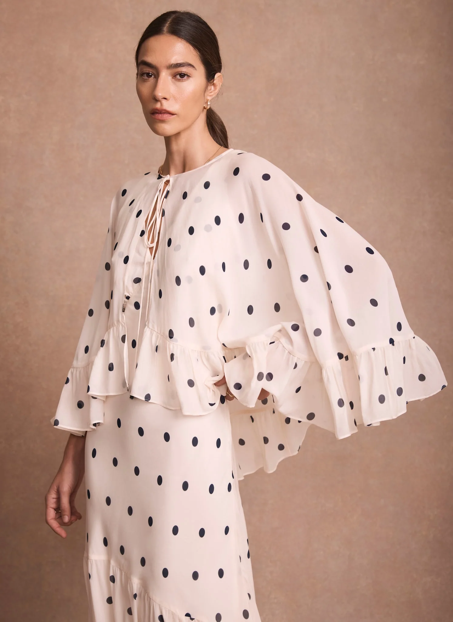 Cream Polka Dot Print Cape Maxi Dress - Image 4