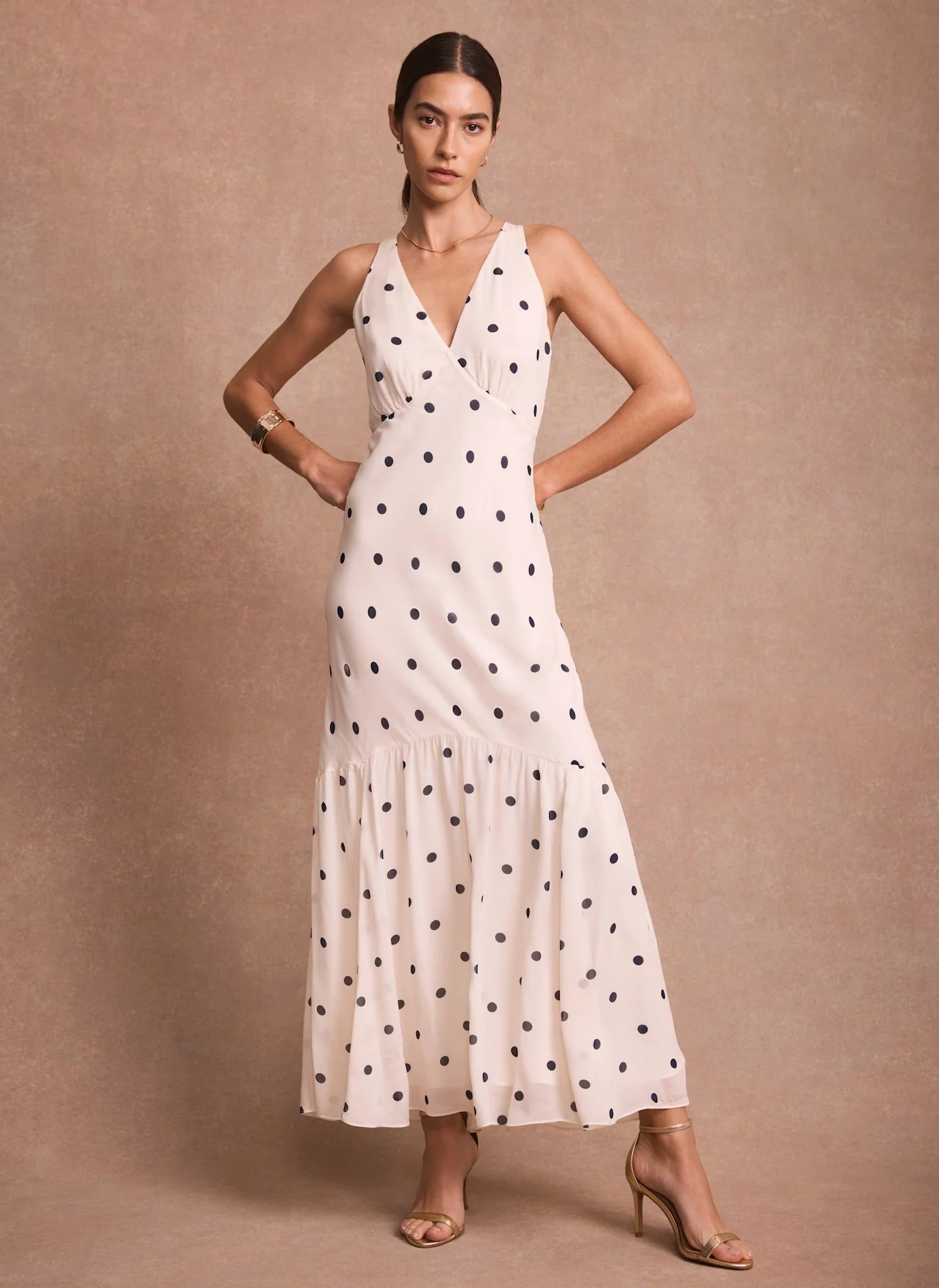 Cream Polka Dot Print Cape Maxi Dress - Image 5