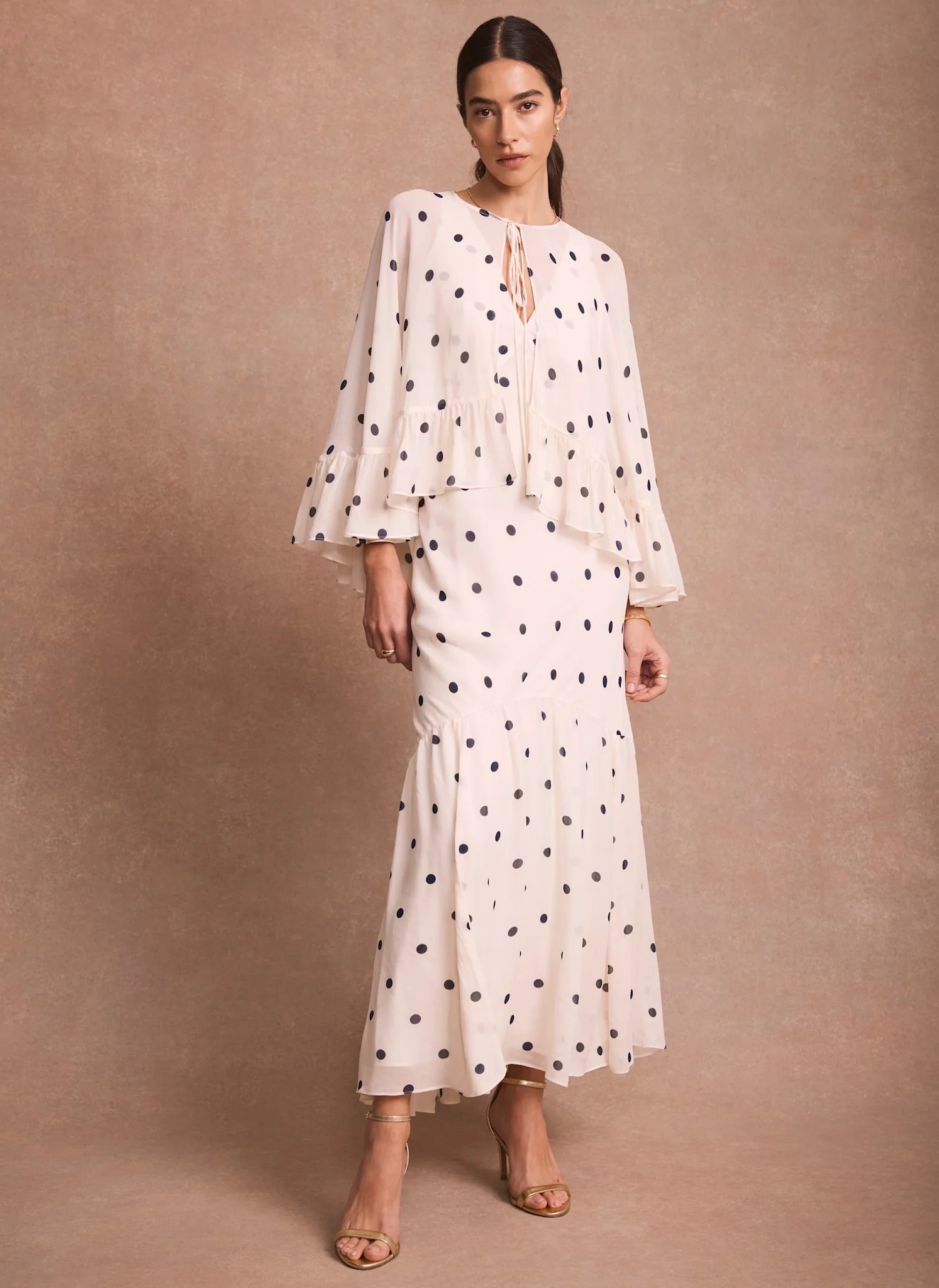 Cream Polka Dot Print Cape Maxi Dress - Image 6