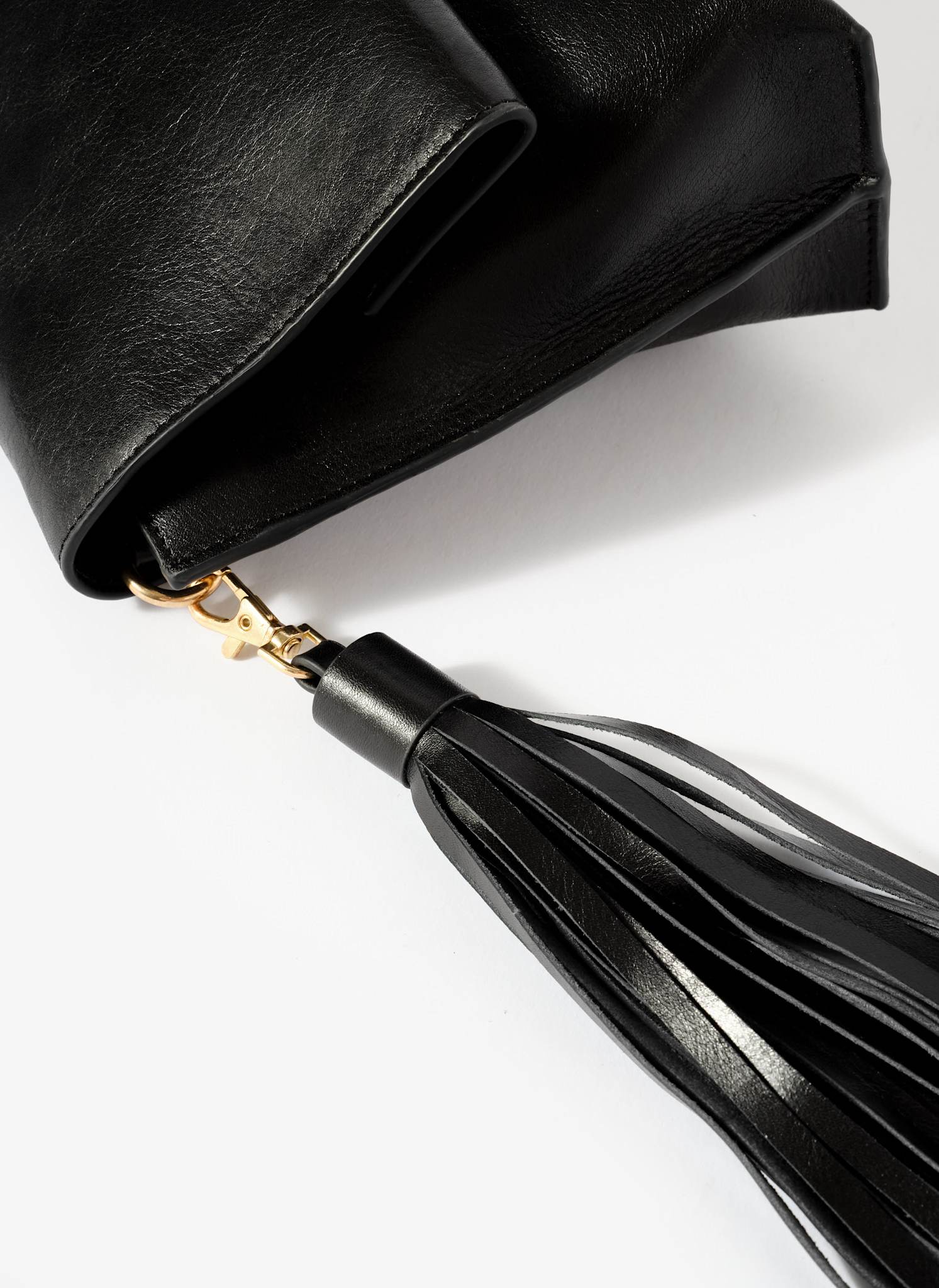 Daisy Black Leather Fold Over Tassel Clutch - Image 3