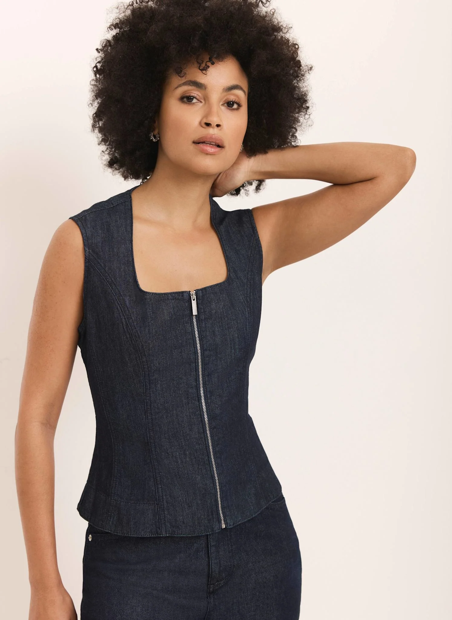 Dark Indigo Denim Zip Detail Top - Image 3