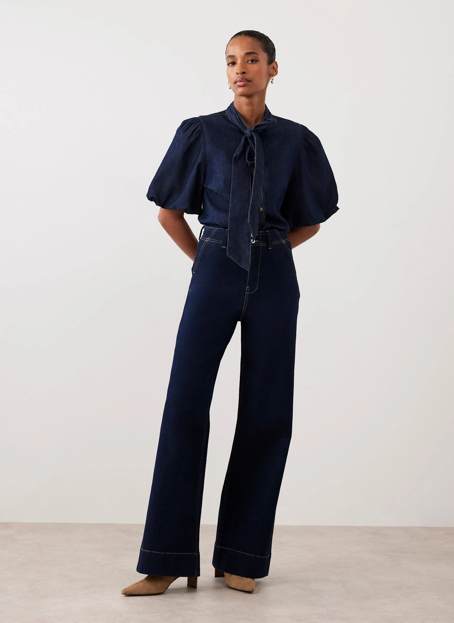 Dark Indigo Puff Sleeve Denim Shirt - Image 3