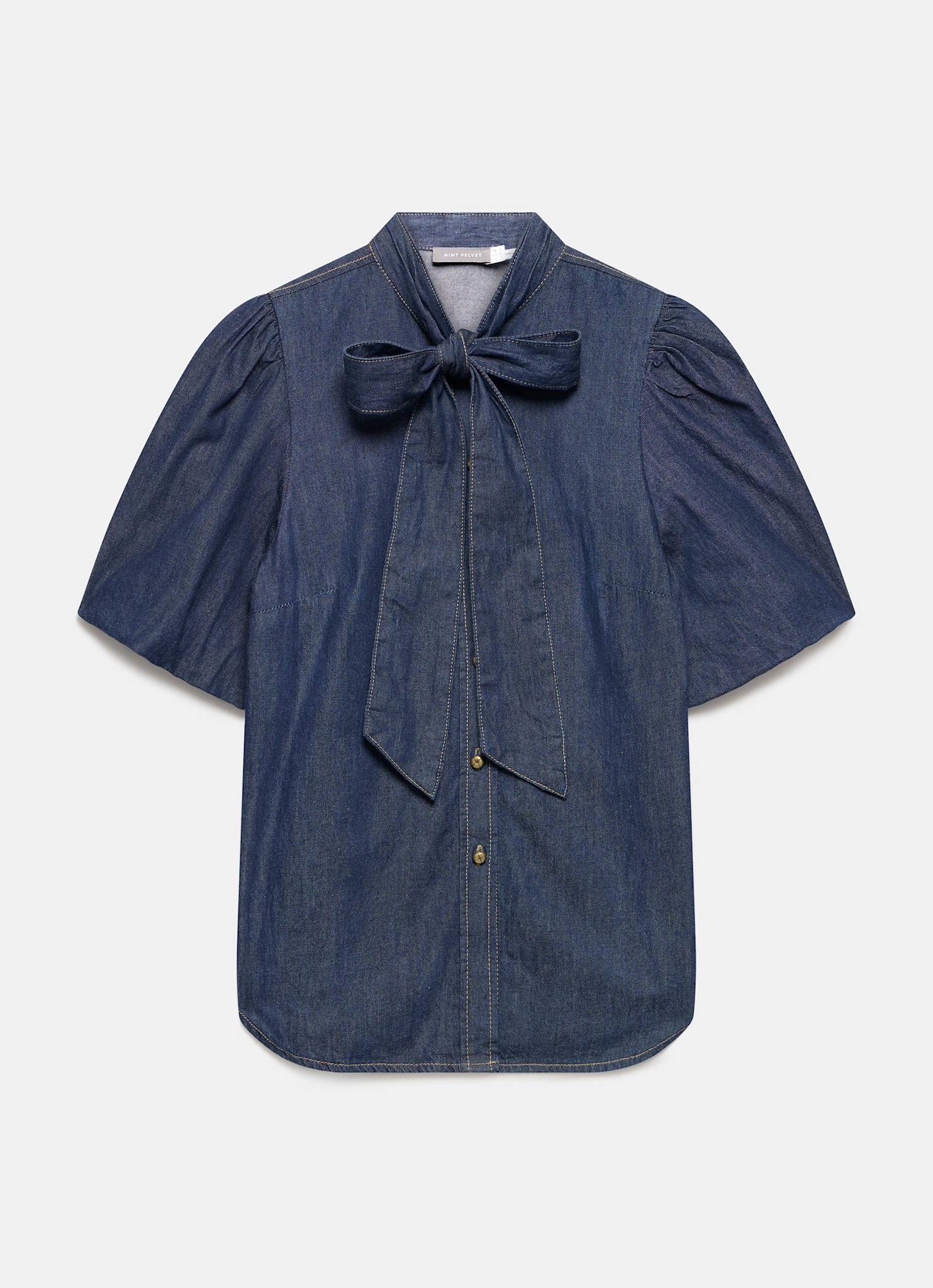 Dark Indigo Puff Sleeve Denim Shirt - Image 7