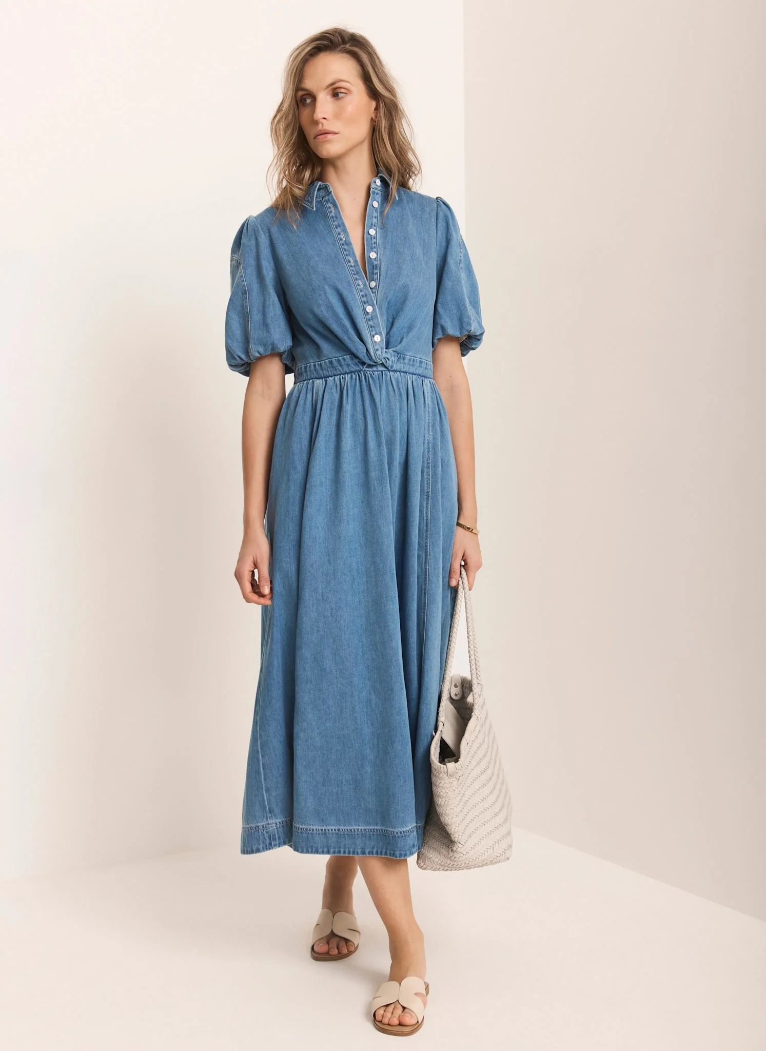 Mid Indigo Denim Twist Midi Dress - Image 3